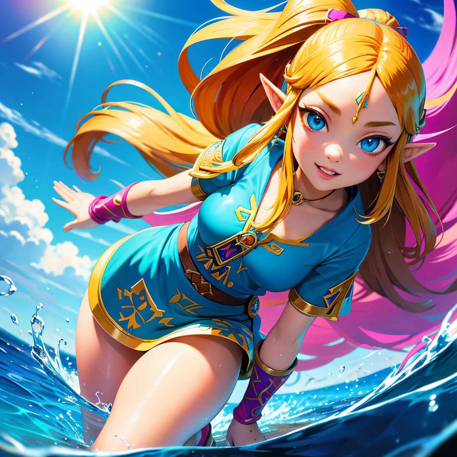 (ultra detailed,ultra high res,detailed background),((2D)),((flat color)),((colorful)),((floating colorful water)),1girl,solo,looking at viewer,BREAK, zelda, the legend of zelda