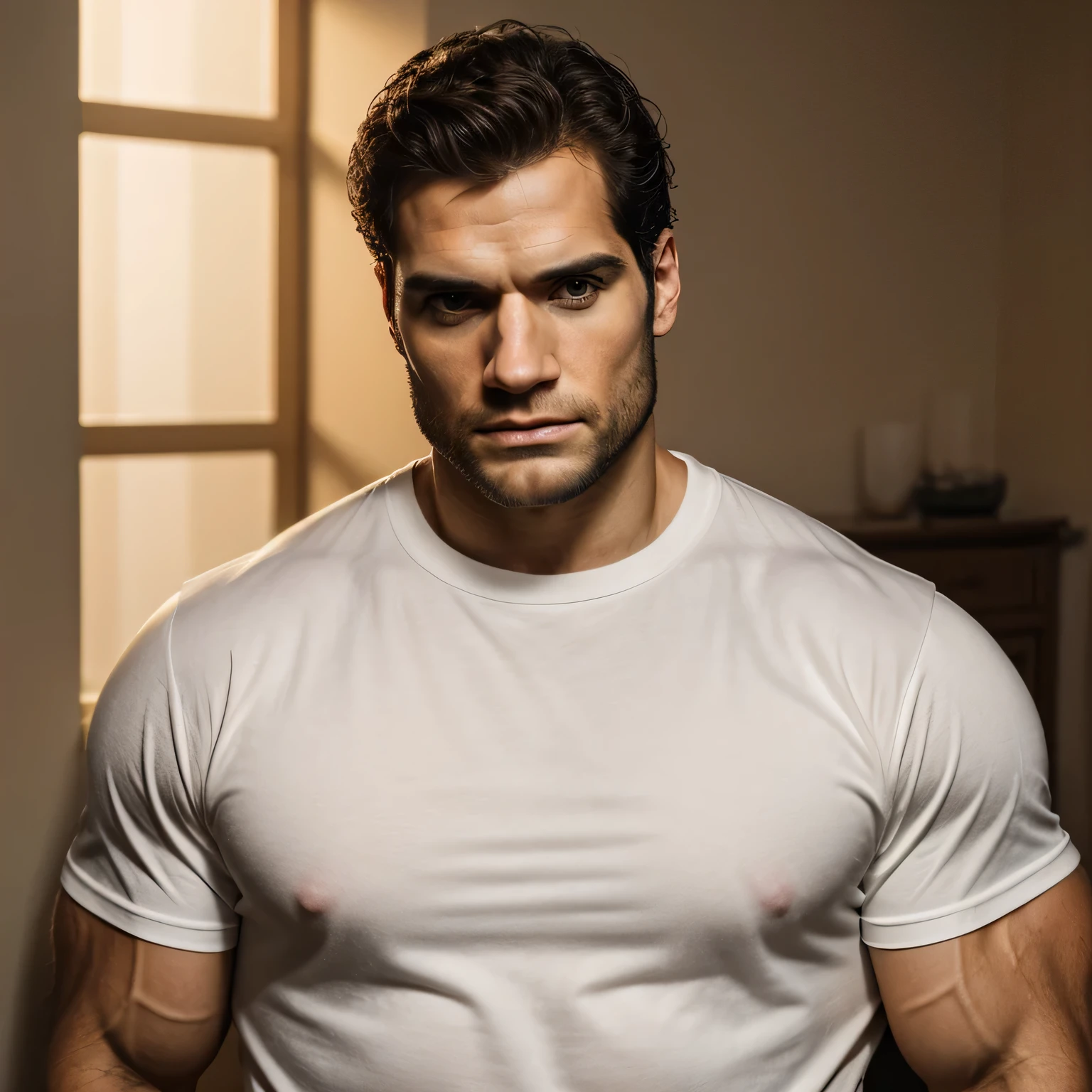 Qualidade de imagem ultra-alta, realistic and strong male characteristics, um homem inspirado em Henry Cavill como Wolverine, Um fisiculturista vestindo uma camiseta branca, Esperando ansiosamente, in a portrait style oil painting. The bodybuilder is depicted with highly detailed muscles, showing the artist's mastery of representing the human form. The image is of the best quality, with high resolution and vivid colors that bring the work of art to life. The lighting is soft and creates a welcoming atmosphere, atmosfera convidativa., extremely hot and sexy perfect abdomen, full body view (vista frontal), luz difusa, location: The lighting is soft and creates a welcoming atmosphere, atmosfera convidativa, foto colorida , (sincere human pele), pele