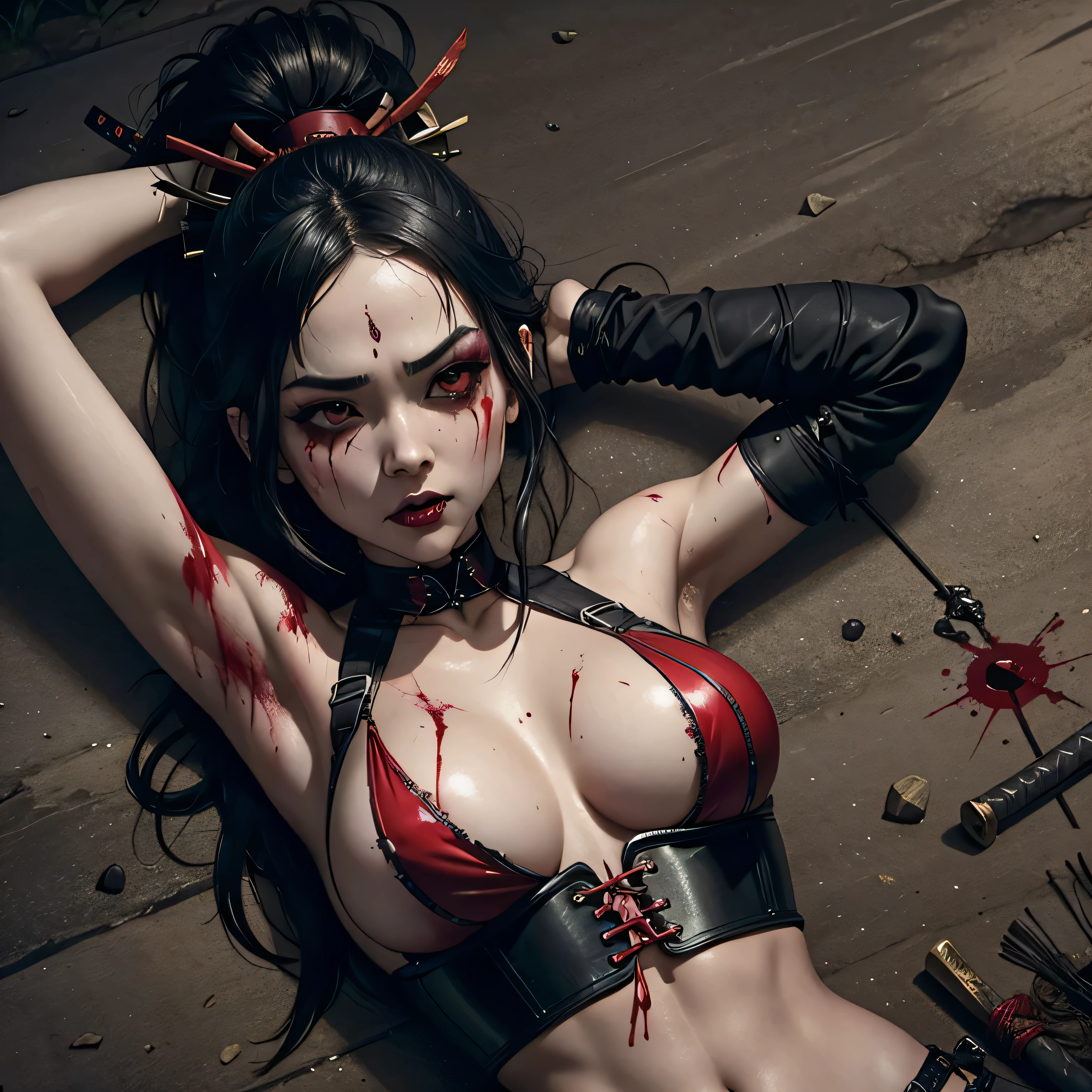 1 girl, sexy, beautiful samurai, katana, samurai, muscular abs, navel, fantasy, sensual, cropped corset goth top, beautiful asian goth girl, sexy, deep navel, heavy goth makeup, armpit, fighting, sweaty skin, blood, wounded, undead, red blood, horror, goth horror, samurai, near death, injured, tired, goth horror, horror, haunted, dripping blood, blood painted skin, blood all over the place, lay down on ground