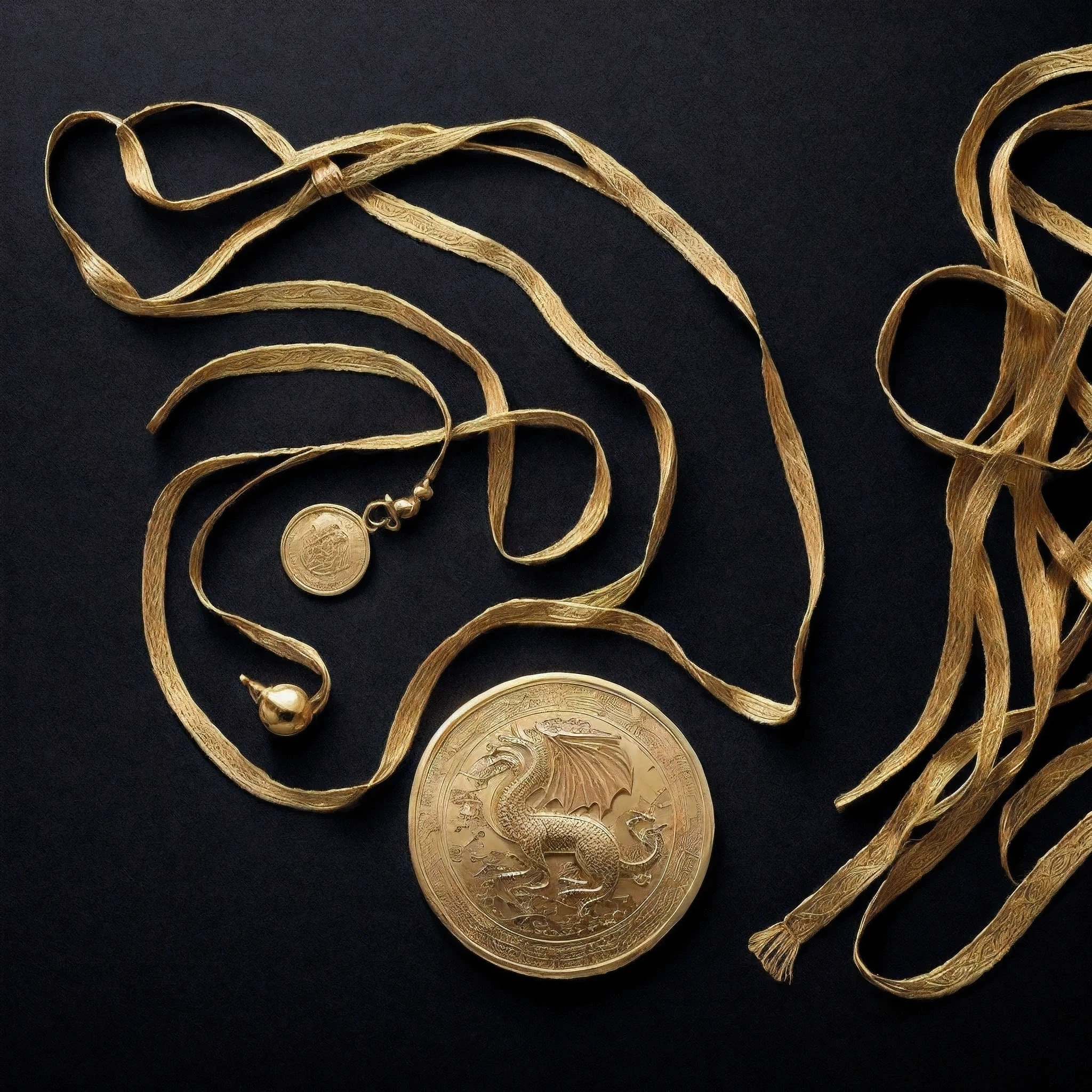 a golden oriental coin with a dragon pattern in the middle. perfectly symmetrical. fundo simples preto. Vista do topo
