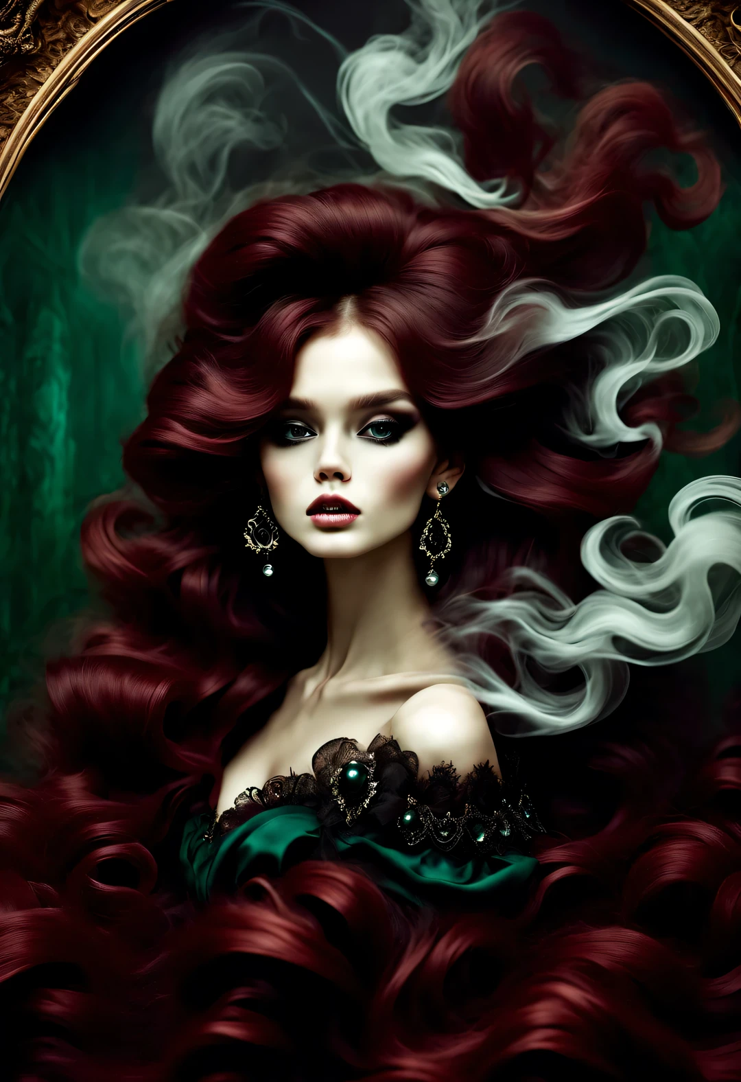 gothic dark art,Dream,(There is only one photo of a beautiful model with a baby face),Dark red extra long curly hair,floating smoke,dark green,rococo style,black pearl jewelry,