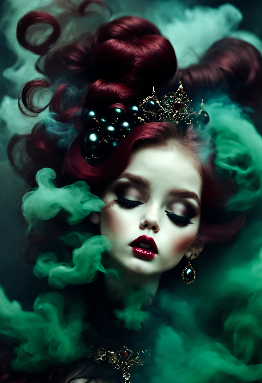 gothic dark art，Dream，（There is only one photo of a beautiful model with a baby face），Smoke is floating on the face，dark red hair，dark green，rococo style，black pearl jewelry，
