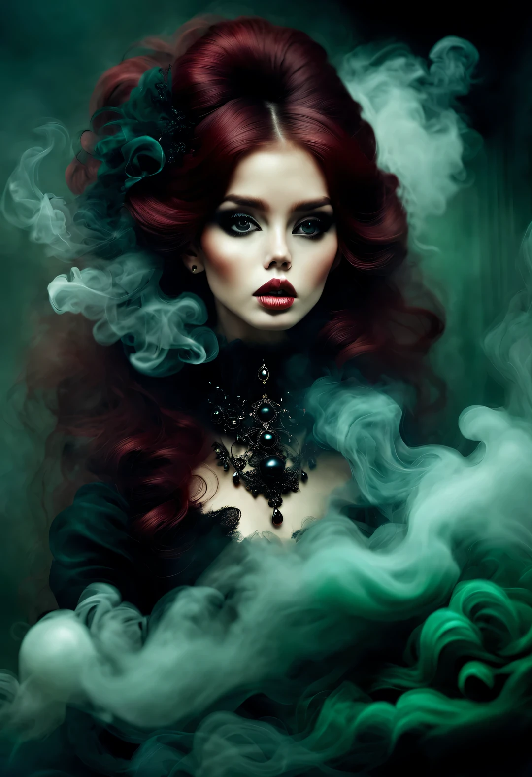 gothic dark art，Dream，（There is only one photo of a beautiful model with a baby face），Smoke is floating on the face，dark red hair，dark green，rococo style，black pearl jewelry，
