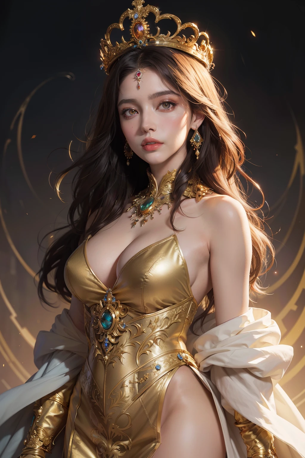 In the image, an Araved woman gracefully dons a golden crown, her face illuminated by divine light. The intricate details of this 4K highly detailed digital art are meticulously crafted by the artistic minds of Greg Beeple and Tomasz Alen Kopera, in collaboration with CGsociety and Beeple and Jeremiah Ketner. The artgem and Beeple masterpiece magnificently showcases the woman's ethereal beauty with Alphonse Mucha-inspired flows and intricate wlops, offering an enchanting blend of the divine and the intricate.