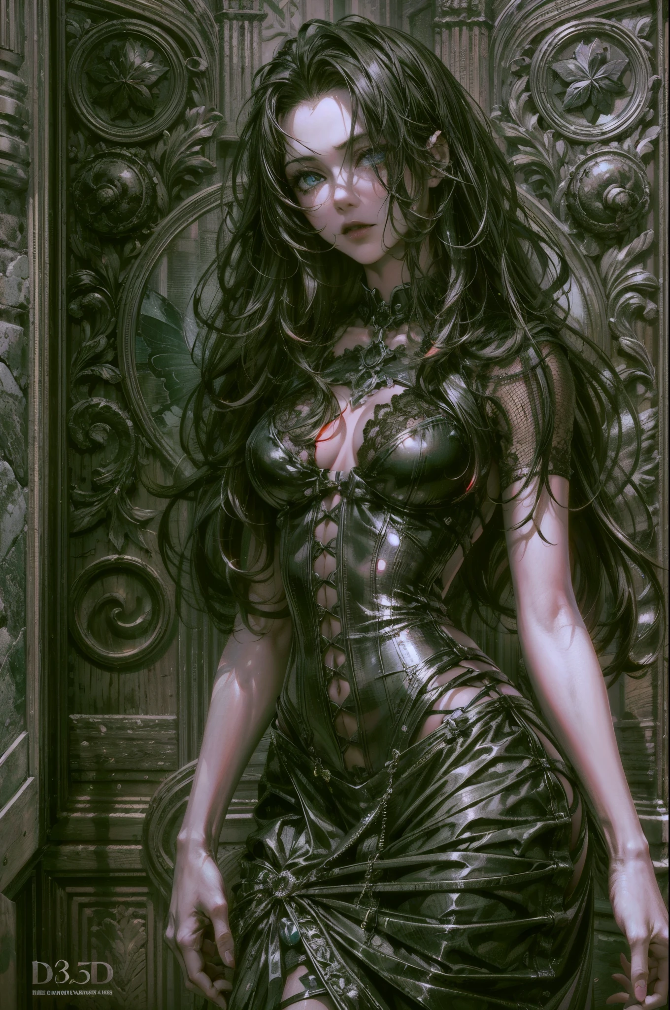 high details, best quality, 16k, RAW, [best detailed], masterpiece, best quality, (extremely detailed), full body, ultra wide shot, photorealistic, dark fantasy art, goth art, RPG art, D&D art, a picture of a dark female fairy in a goth church extremely beautiful fairy, ultra feminine (intense details, Masterpiece, best quality), best detailed face (intense details, Masterpiece, best quality), having wide butterfly wings, spread butterfly wings (intense details, Masterpiece, best quality), dark colors wings (intense details, Masterpiece, best quality), black hair, long hair, shinning hair, flowing hair, dark smile, wicked smile, blue eyes, dark red lips, wearing [red] dress latex corset (intense details, Masterpiece, best quality), dynamic elegant dress bondage gear, chocker, wearing high heels, (intense details, Masterpiece, best quality) a dark goth era street background, dim light, cinematic light, gaslight lamp light, High Detail, Ultra High Quality, High Resolution, 16K Resolution, Ultra HD Pictures, 3D rendering Ultra Realistic, Clear Details, Realistic Detail, Ultra High Definition hihelz