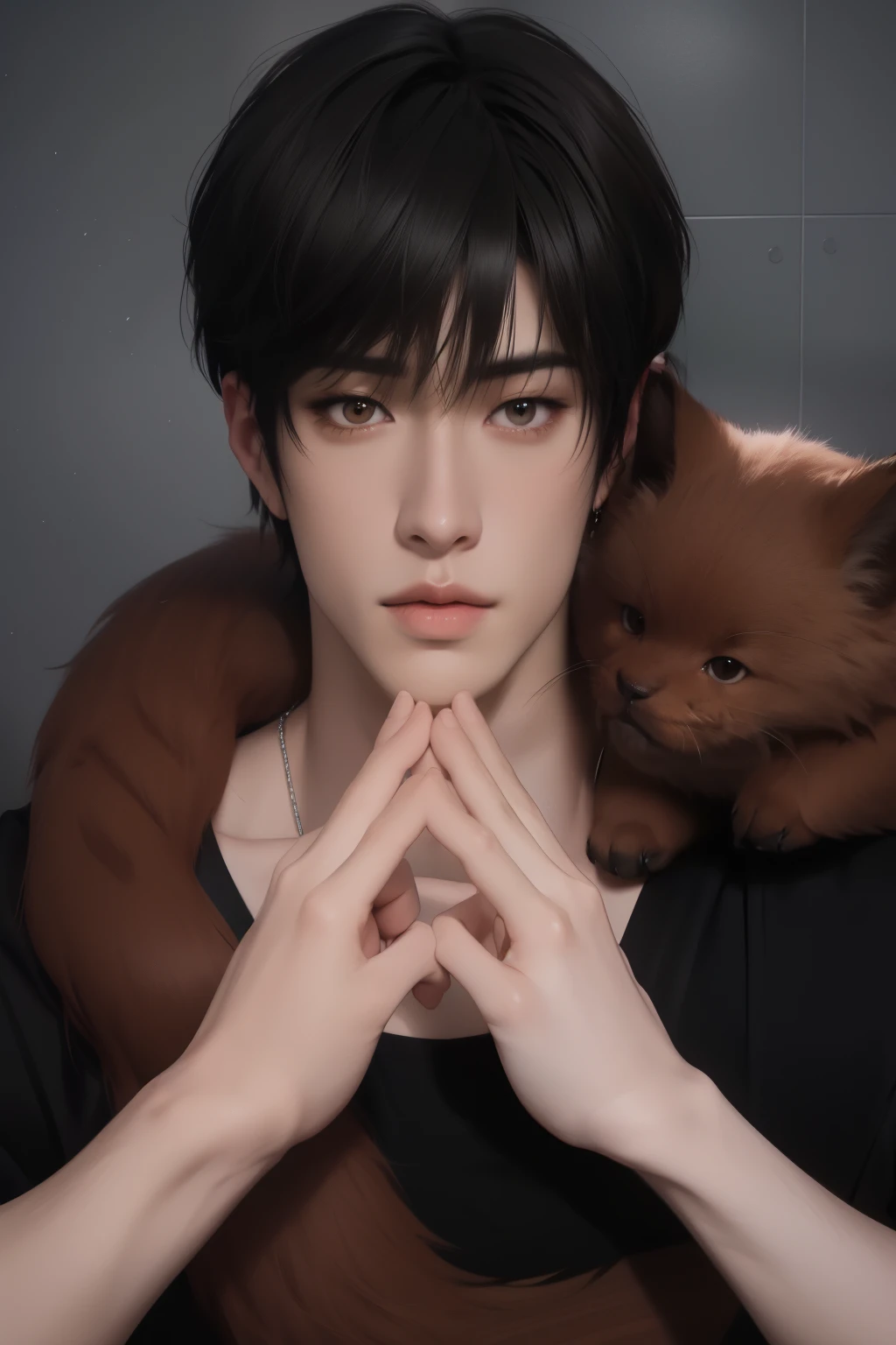 Imagen estilo anime de una mujer con un animal de peluche en brazos., handsome japanese demon boy, gama murata y artgerm, realismo animado style, hyper anime realista, Masayoshi Suto y artgerm, realista - animado, anime realista style at pixiv, anime realista artstyle, realismo animado, anime realista, anime realista art style, personaje de anime masculino