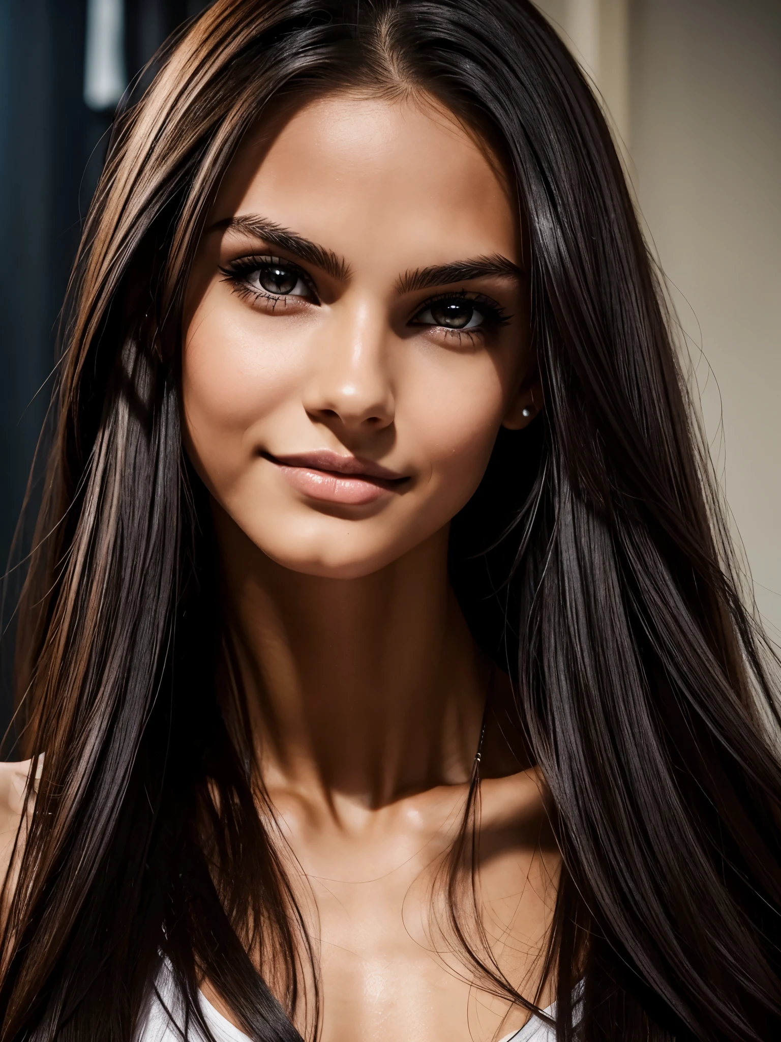 A young Vampire girl with large k9's, dark makeup, intense aggressive facial look, young cute gorgeous slim tiny girl, long wet hair, Mix of Swedish and Venezuelan origins, athletic well toned slim and muscular nude body, gorgeous face, perfect face, perfect eyes, slim lips, unique face, detailed face, slim sweating model body, very slim sweaty model,  strong facial bones, [thigh gap::0.8], unique gorgeous face, thin girl muscular very little body fat, [flat chest::0.2], facing camera, naughty smile, predatory eyes, 