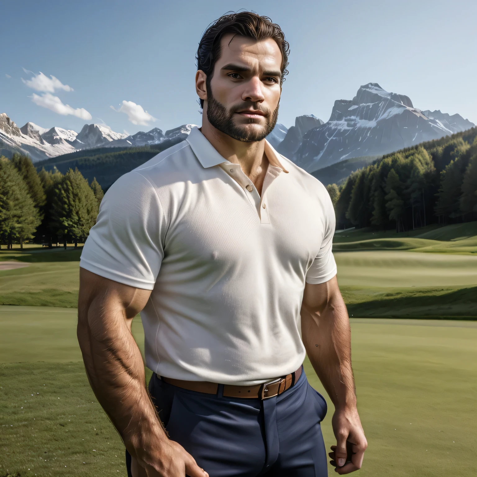 Qualidade de imagem ultra-alta, realistic and strong male characteristics, um homem inspirado em Henry Cavill como Wolverine, Homem musculoso, detailed vein muscles,
Businessman playing golf in Haute-Savoie
, perfect abdomen extremely hot and sexy, full body view (vista frontal), luz difusa, location: Campo de golfe, foto colorida, (candid human pele), pele