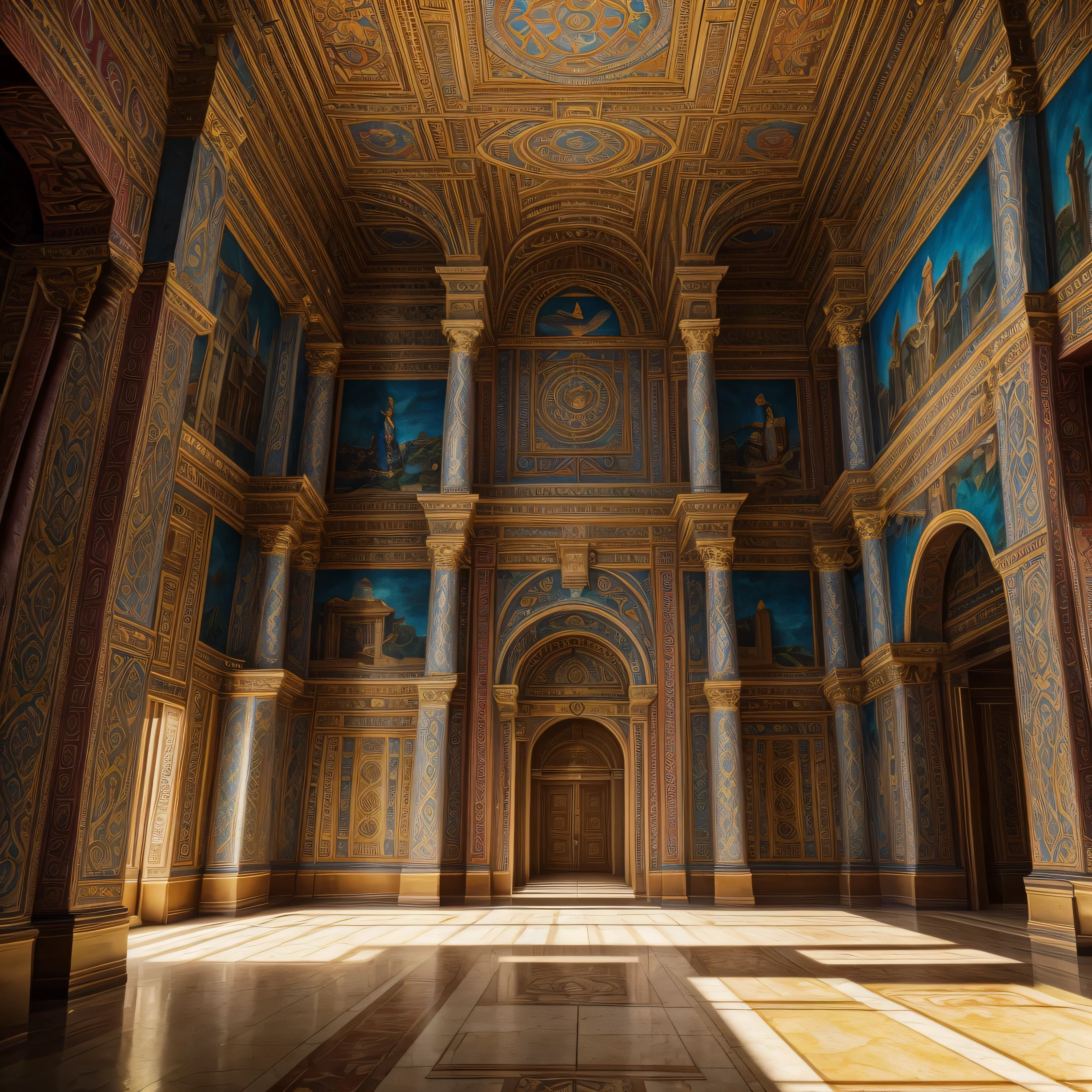 Elaborate frescoes in palaces. Traverse the grand halls of Atlantean palaces adorned with elaborate frescoes that recount legendary tales. Captured in 8k resolution, each fresco is a masterpiece of color and composition. Cinematic lighting amplifies the vibrancy, casting soft shadows that add depth. Witness the artistic brilliance of Atlantis, crafted in Unreal Engine, presented in the vivid hues of a ProPhoto 8K spectrum.