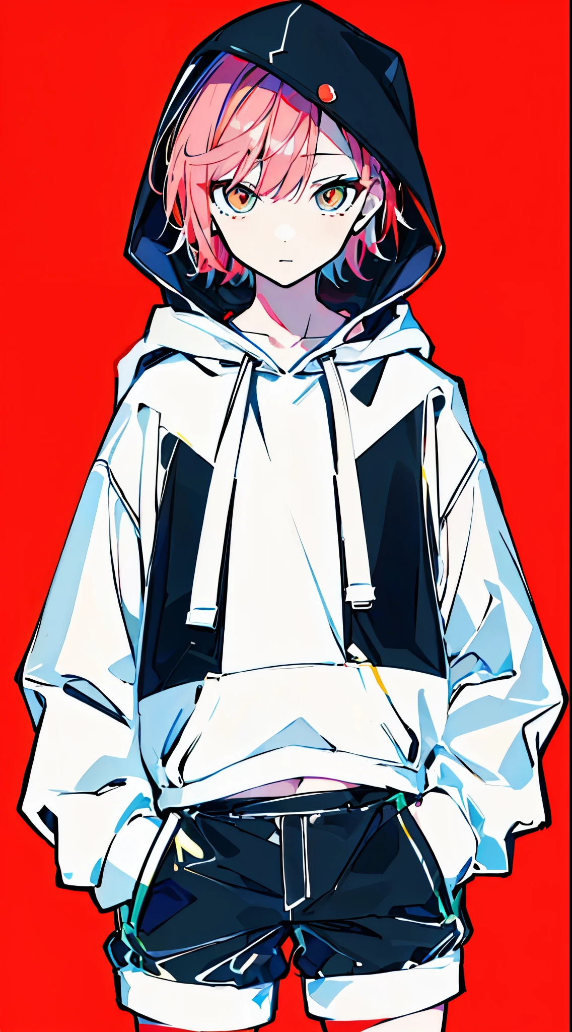 (masterpiece, highest quality:1.6), alone, thick outline, (simple background, bright red background, bright red theme:1.2), official art, Key Visual, 8K, disorganized, whole body, (unique hair, oversized hoodie, hot pants, wearing a hood, arch back, short torso:1.2), belly button, thighs, cowboy shot, HDR, sharp focus, High resolution, most detailed, very detailed, Super detailed, finely, detailed eyes and face, sharp pupils, realistic student, solo, White and red contrast, hands in pockets