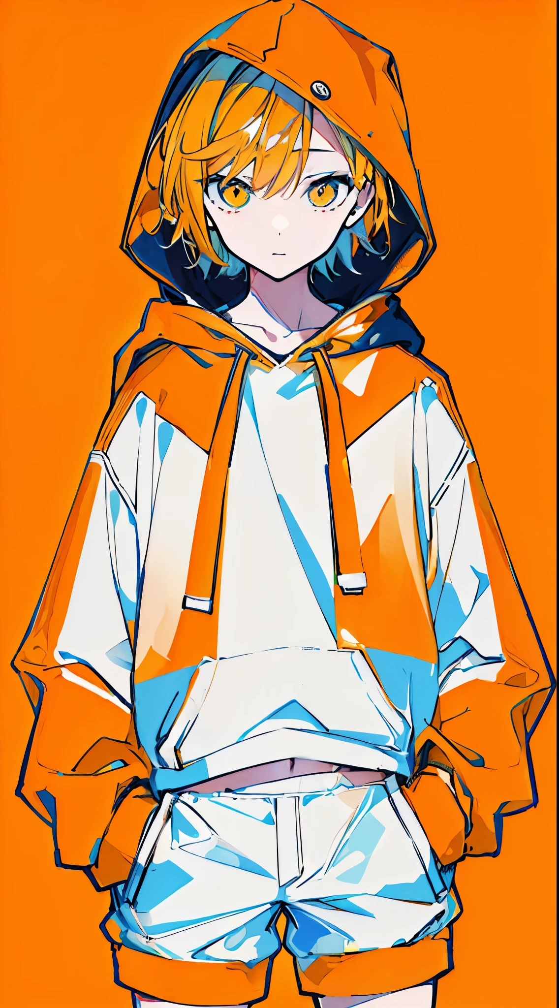 (masterpiece, highest quality:1.6), alone, thick outline, (simple background, light orange background, light orange theme:1.2), official art, Key Visual, 8K, disorganized, whole body, (unique hair, oversized hoodie, hot pants, wearing a hood, arch back, short torso:1.2), belly button, thighs, cowboy shot, HDR, sharp focus, High resolution, most detailed, very detailed, Super detailed, finely, detailed eyes and face, sharp pupils, realistic student, solo, white and orange contrast, hands in pockets
