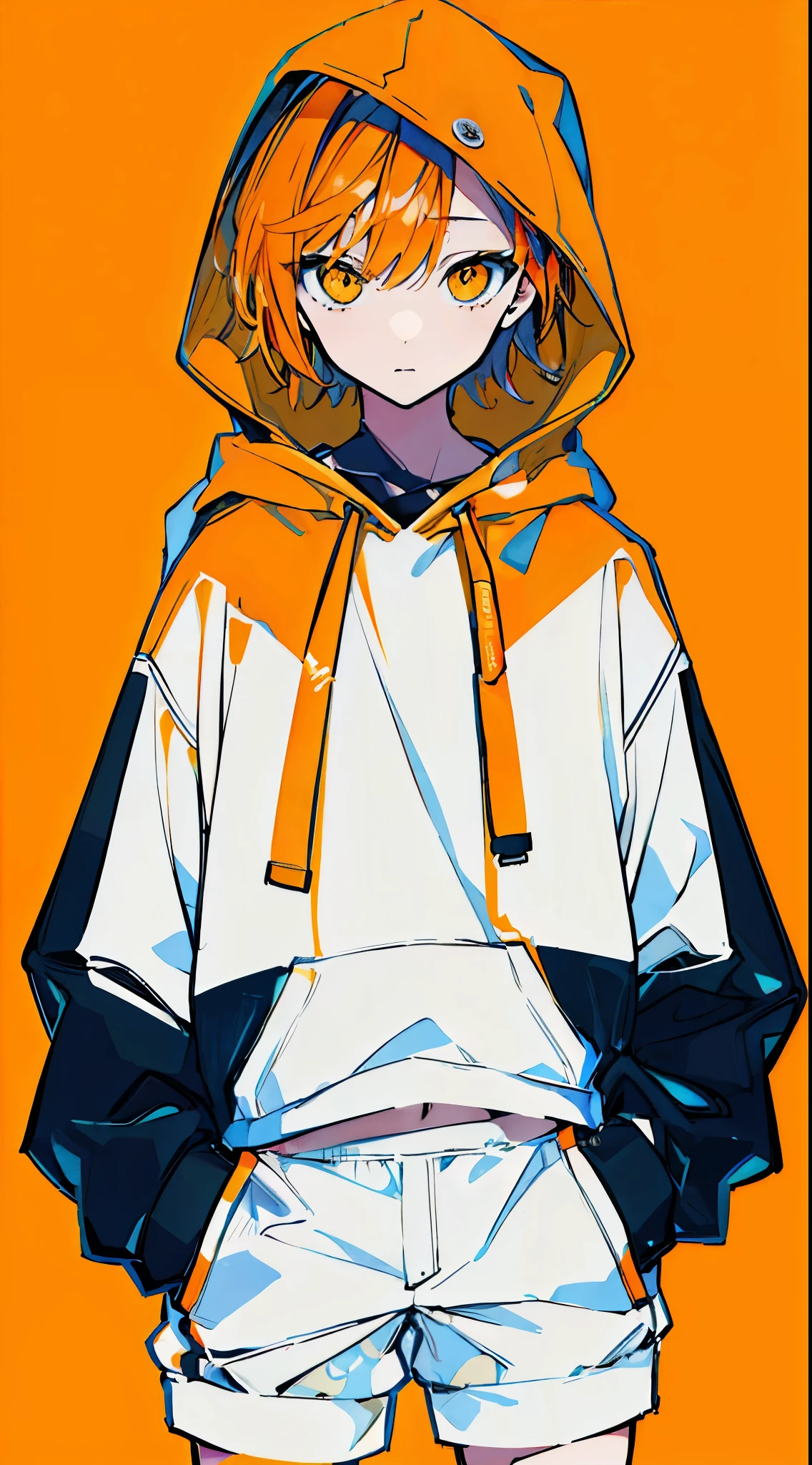 (masterpiece, highest quality:1.6), alone, thick outline, (simple background, light orange background, light orange theme:1.2), official art, Key Visual, 8K, disorganized, whole body, (unique hair, oversized hoodie, hot pants, wearing a hood, arch back, short torso:1.2), belly button, thighs, cowboy shot, HDR, sharp focus, High resolution, most detailed, very detailed, Super detailed, finely, detailed eyes and face, sharp pupils, realistic student, solo, white and orange contrast, hands in pockets