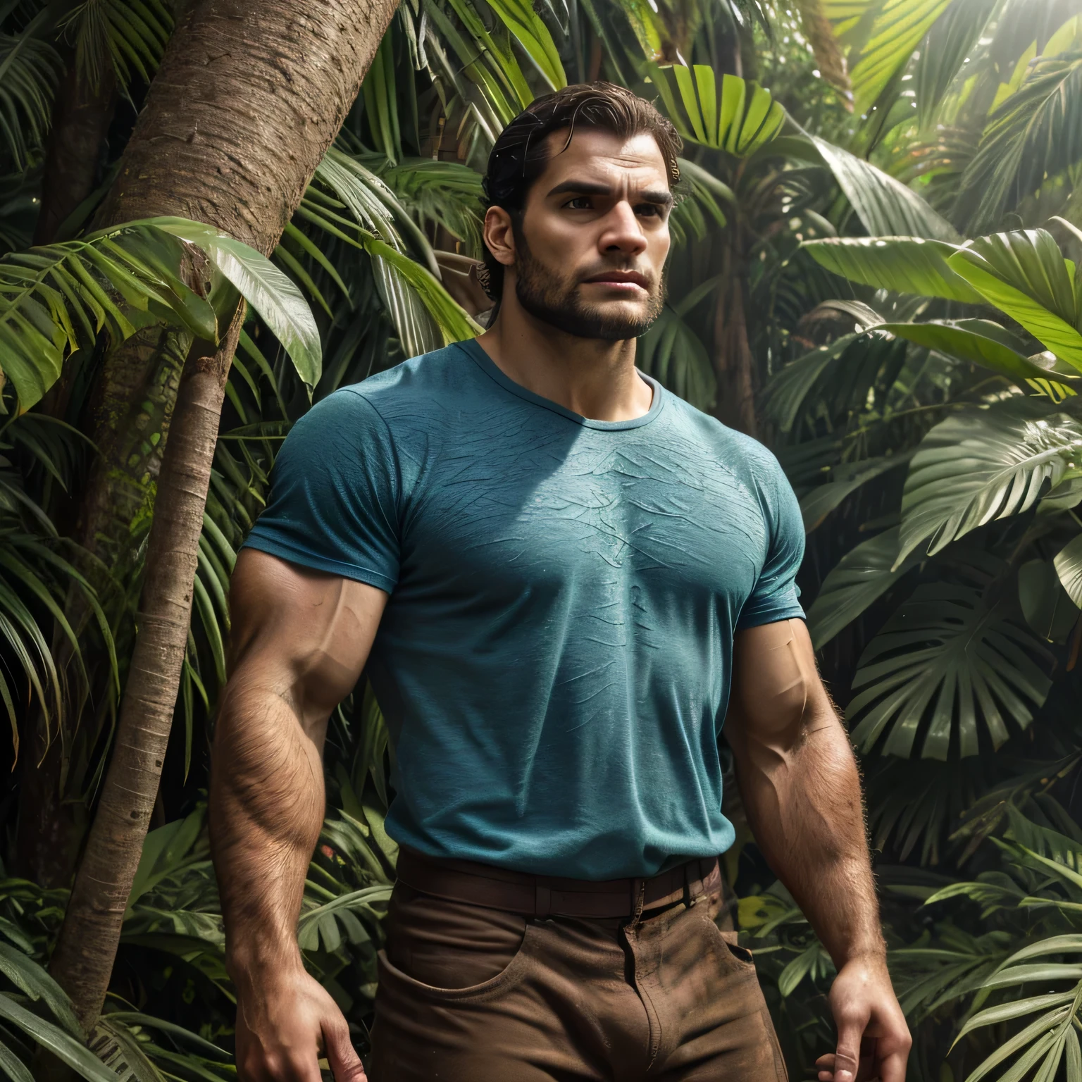 Qualidade de imagem ultra-alta, realistic and strong male characteristics, um homem inspirado em Henry Cavill como Wolverine, Homem musculoso, detailed vein muscles,
homem sozinho, camisa azul, Roupa Suja, cara suja, (facial scratches:0.6), na selva, Standing, ((obra de arte)) fundo bonito, Best illustration, (melhor qualidade), (((textura da pele realista))), ((qualidade de fotorrealismo)), high resolution, Alto detalhe, ultra-detalhado, perfect abdomen extremely hot and sexy, full body view (vista frontal), luz difusa, location: na selva, ((trabalho de arte)) fundo bonito, Best illustration, (melhor qualidade), foto colorida, (frank human pele), pele