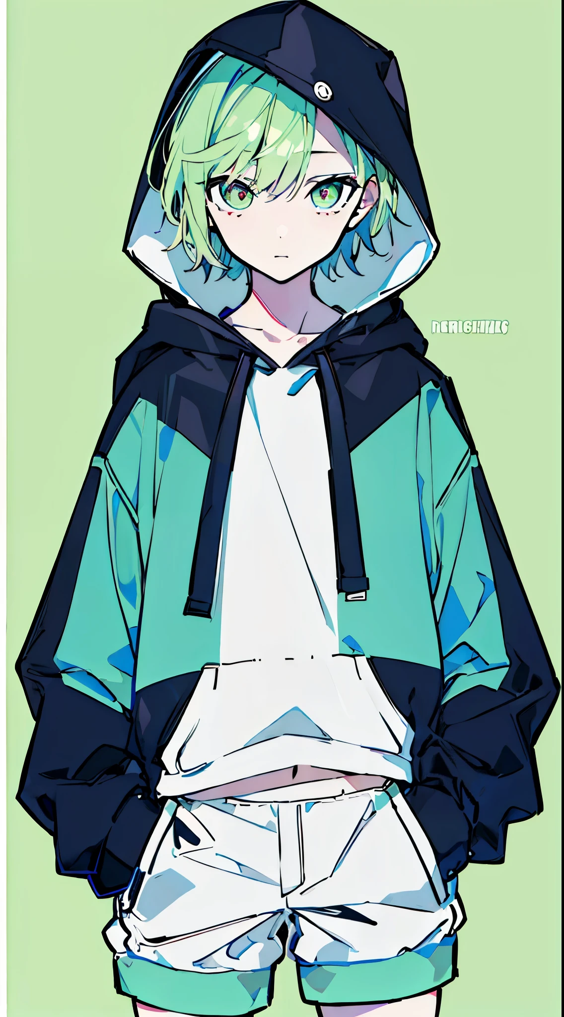 (masterpiece, highest quality:1.6), alone, thick outline, (simple background, light green background, light green theme:1.2), official art, Key Visual, 8K, disorganized, whole body, (unique hair, oversized hoodie, hot pants, wearing a hood, arch back, short torso:1.2), belly button, thighs, cowboy shot, HDR, sharp focus, High resolution, most detailed, very detailed, Super detailed, finely, detailed eyes and face, sharp pupils, realistic student, solo, white and green contrast, hands in pockets