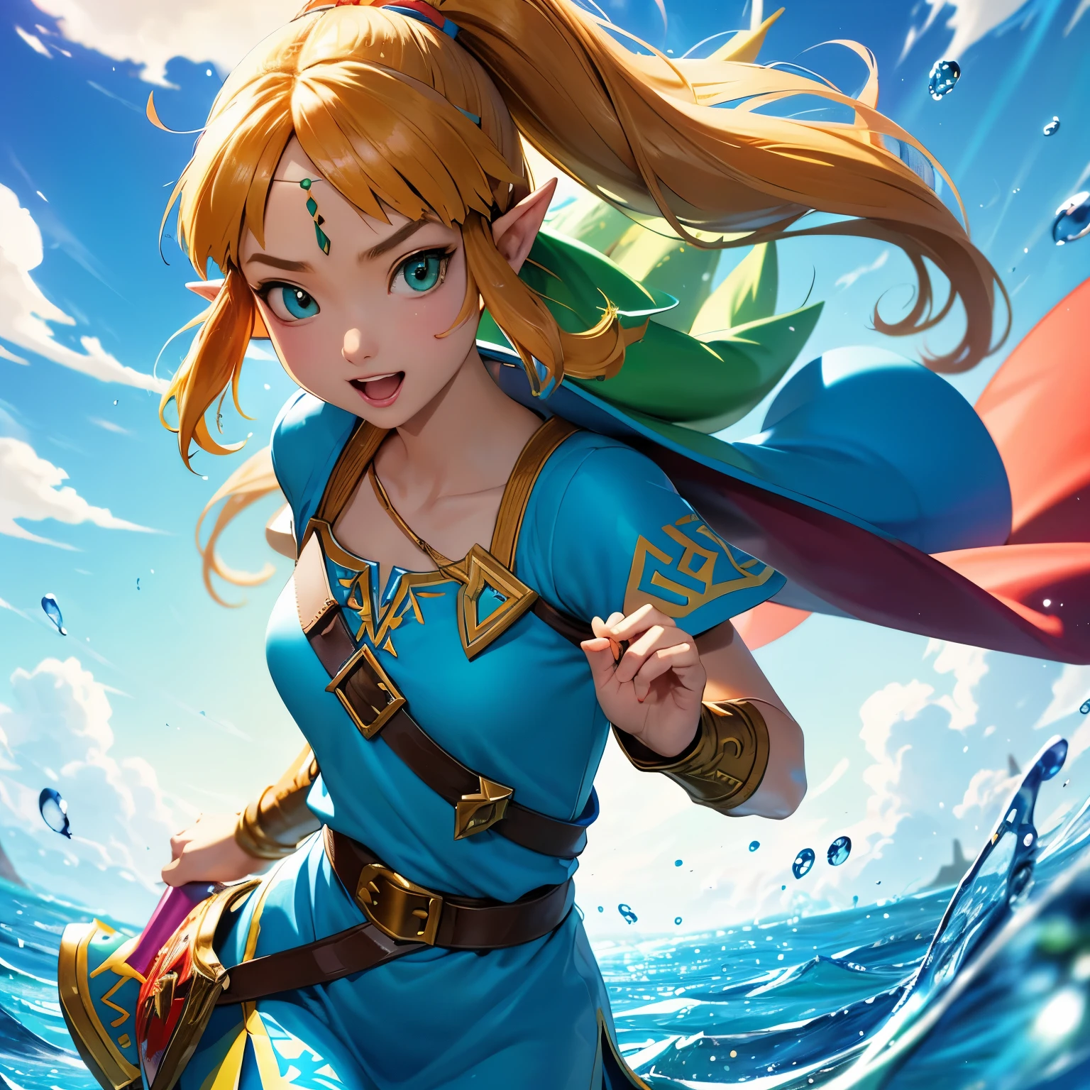 (ultra detailed,ultra high res,detailed background),((2D)),((flat color)),((colorful)),((floating colorful water)),1girl,solo,looking at viewer,BREAK, zelda, the legend of zelda ocarina of time