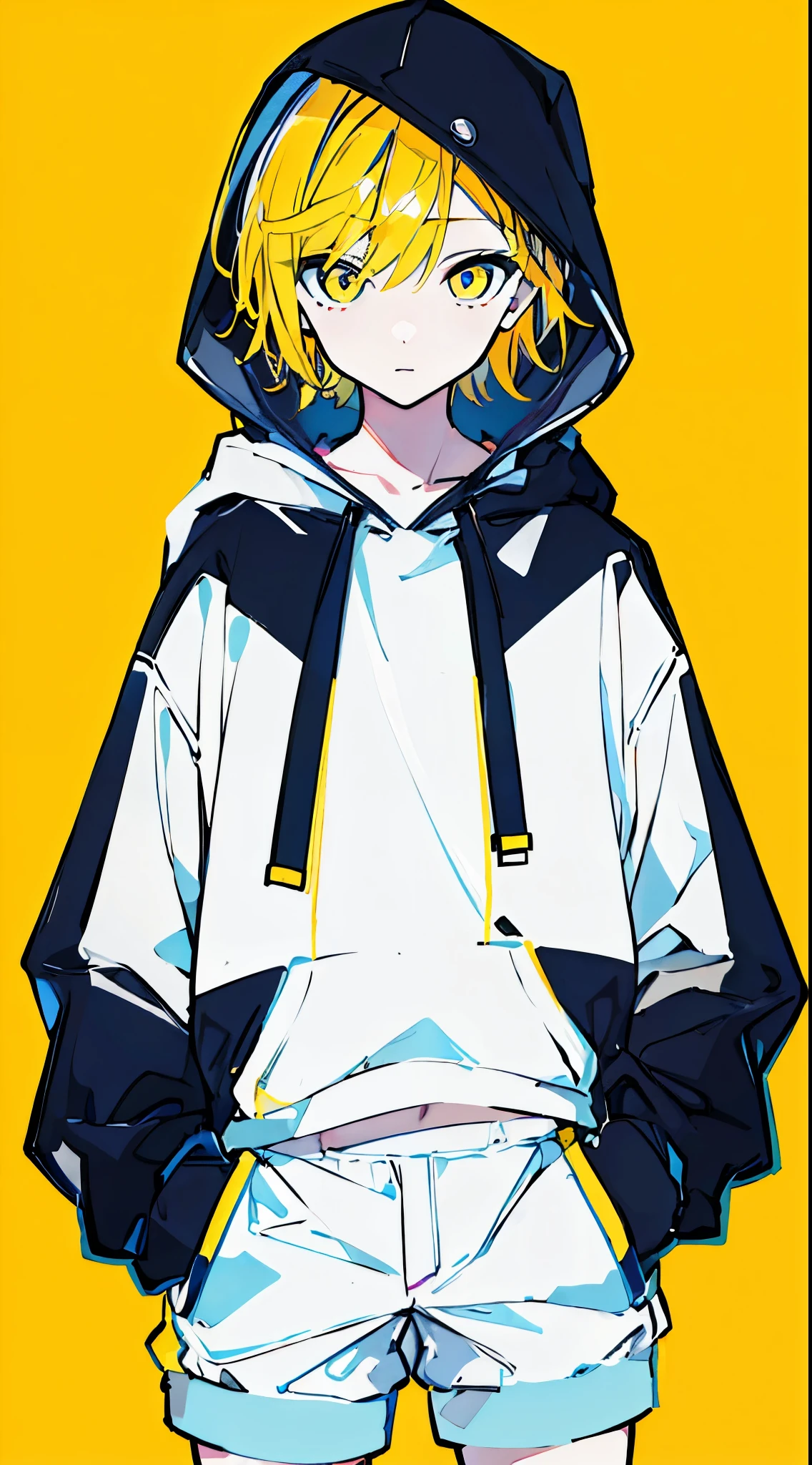 (masterpiece, highest quality:1.6), alone, thick outline, (simple background, light yellow background, bright yellow theme:1.2), official art, Key Visual, 8K, disorganized, whole body, (unique hair, oversized hoodie, hot pants, wearing a hood, arch back, short torso:1.2), belly button, thighs, cowboy shot, HDR, sharp focus, High resolution, most detailed, very detailed, Super detailed, finely, detailed eyes and face, sharp pupils, realistic student, solo, white and yellow contrast, hands in pockets