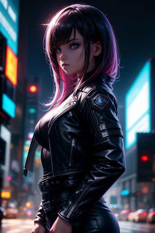 Hyperrealistic, realistic texture, spectacular lighting, (Best quality:1.1), depth of field, night, in a futuristic cyberpunk city, HDR, shallow depth of field, wide light, High contrast, backlight, blossom, the light sparkles, Chromatic aberration, sharp focus, Futuristic clothes, leather jacket, Beauty512, Sigh, 
