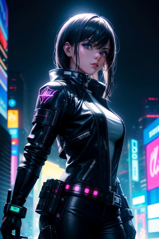 Hyperrealistic, realistic texture, spectacular lighting, (Best quality:1.1), depth of field, night, in a futuristic cyberpunk city, HDR, shallow depth of field, wide light, High contrast, backlight, blossom, the light sparkles, Chromatic aberration, sharp focus, Futuristic clothes, leather jacket, Beauty512, Sigh, 