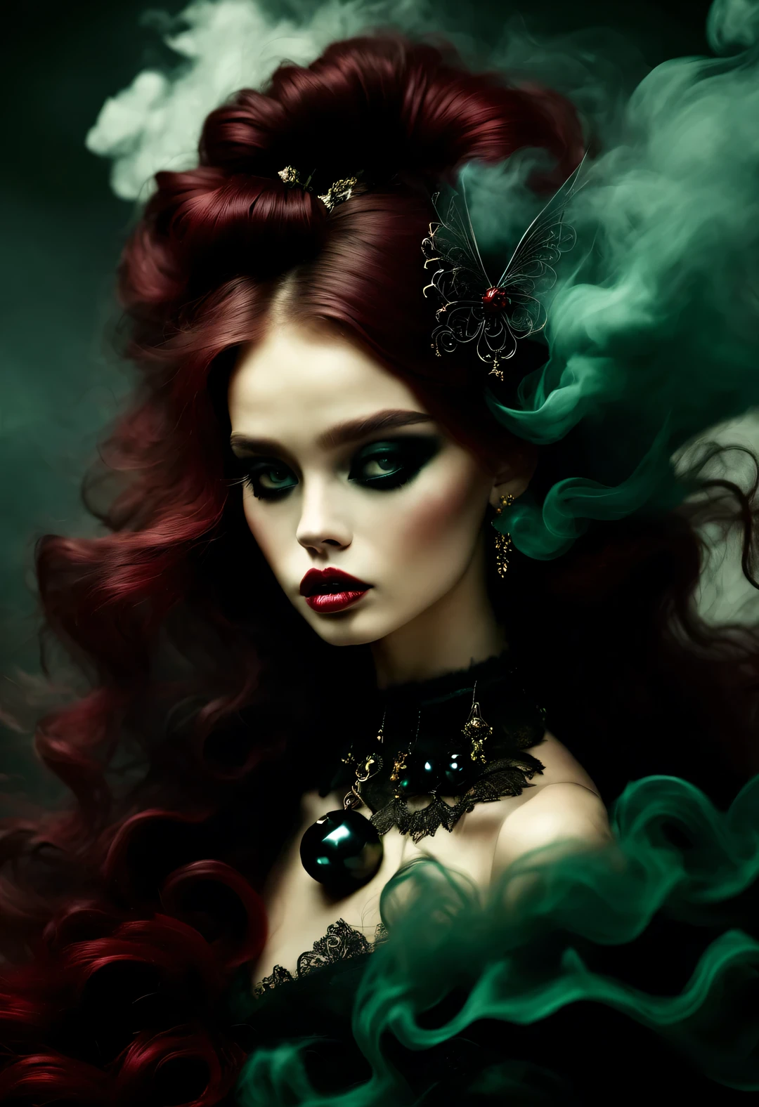 gothic dark art,Dream,(There is only one photo of a beautiful model with a baby face),Smoke is floating on the face,dark red wavy hair,dark green,rococo style,black bow pearl jewelry,angels and devils