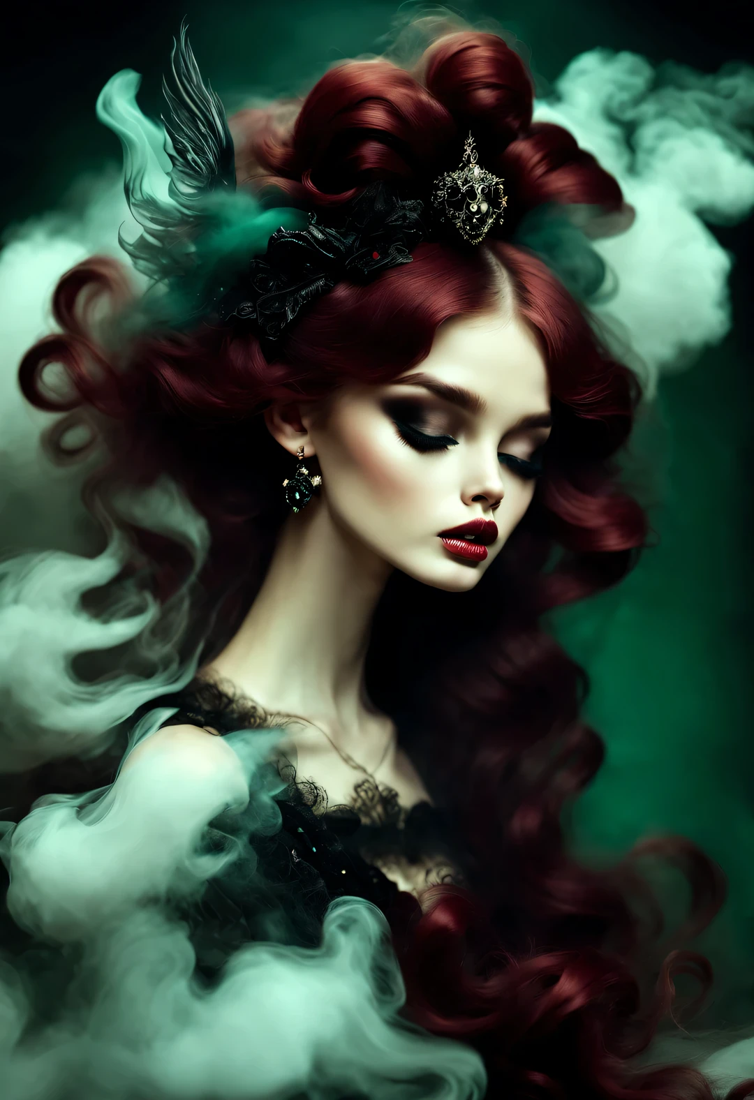 gothic dark art,Dream,(There is only one photo of a beautiful model with a baby face),Smoke is floating on the face,dark red wavy hair,dark green,rococo style,black bow pearl jewelry,angels and devils