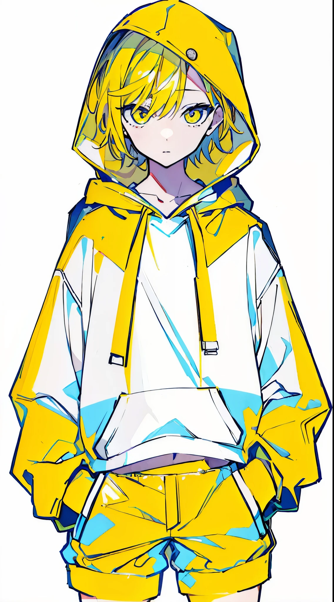 (masterpiece, highest quality:1.6), alone, thick outline, (simple background, light yellow background, bright yellow theme:1.2), official art, Key Visual, 8K, disorganized, whole body, (unique hair, oversized hoodie, hot pants, wearing a hood, arch back, short torso:1.2), belly button, thighs, cowboy shot, HDR, sharp focus, High resolution, most detailed, very detailed, Super detailed, finely, detailed eyes and face, sharp pupils, realistic student, solo, white and yellow contrast, hands in pockets