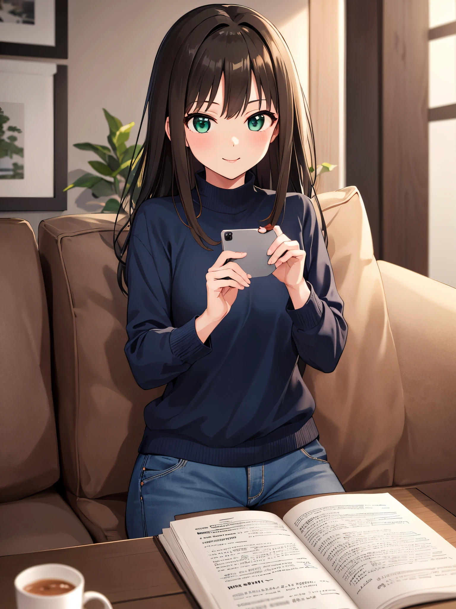Rin Shibuya、1 girl, mature woman, green eyes、black long hair、casual clothes、blue sweater、long pants、smile gently、bow, highest quality, hire, detailed face, along the coast、 living room at home、 detailed background, Depth of written boundary, Bokeh