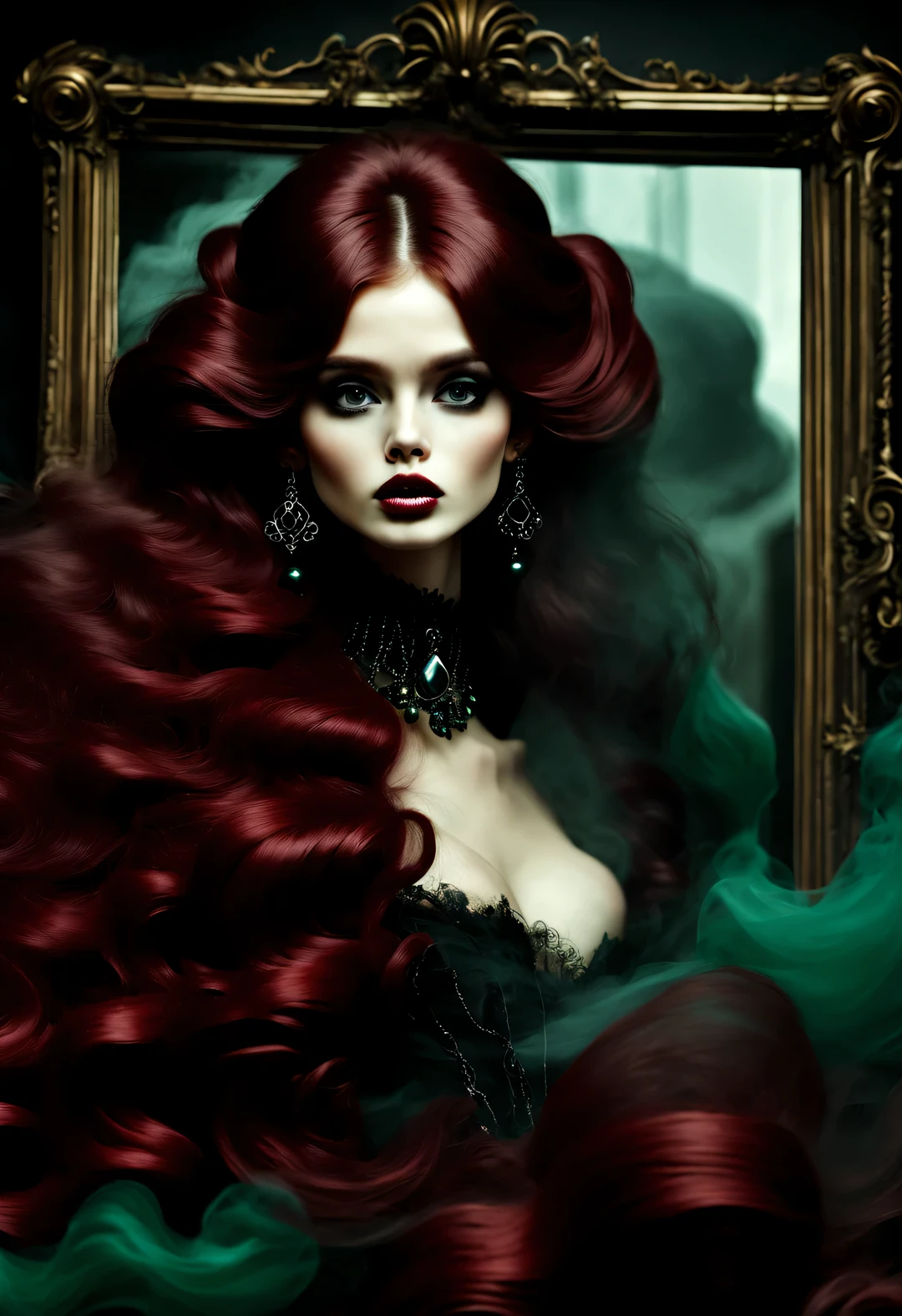 gothic dark art，Dream，（There is only one photo of a beautiful model with a baby face），Dark red extra long curly hair，floating smoke，dark green，rococo style，black pearl jewelry，partial reflection in mirror
