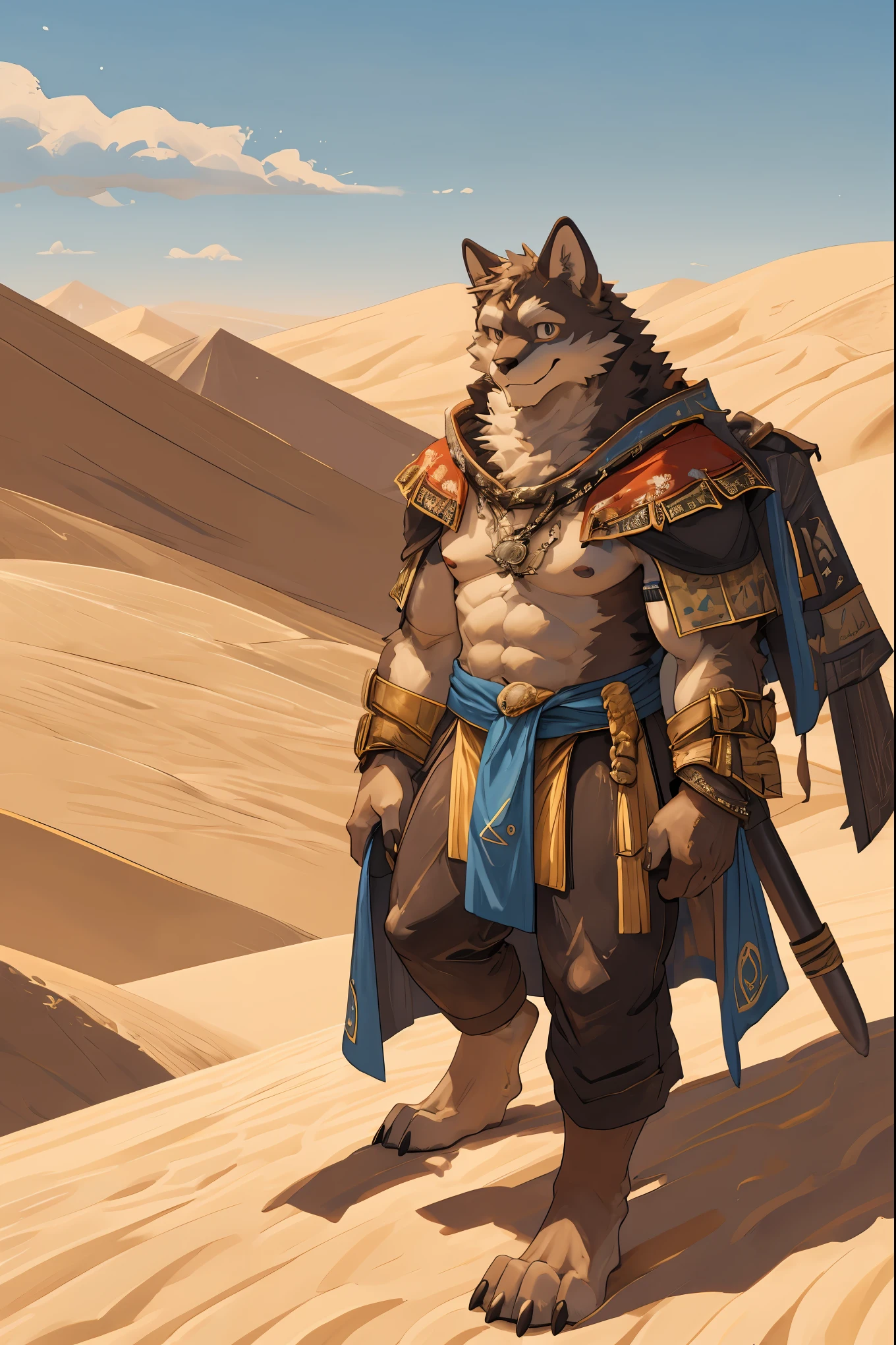 High-quality illustrations, masterpiece, absurdres, super high resolution, detailed background, desert, sand dunes, pyramid, Traditional costumes, Happy, joyful, Relux(Travel photos)perfect anatomy(kemono, furry anthro, National clothing)cinematic lighting, beautiful shadow, dynamic angle,