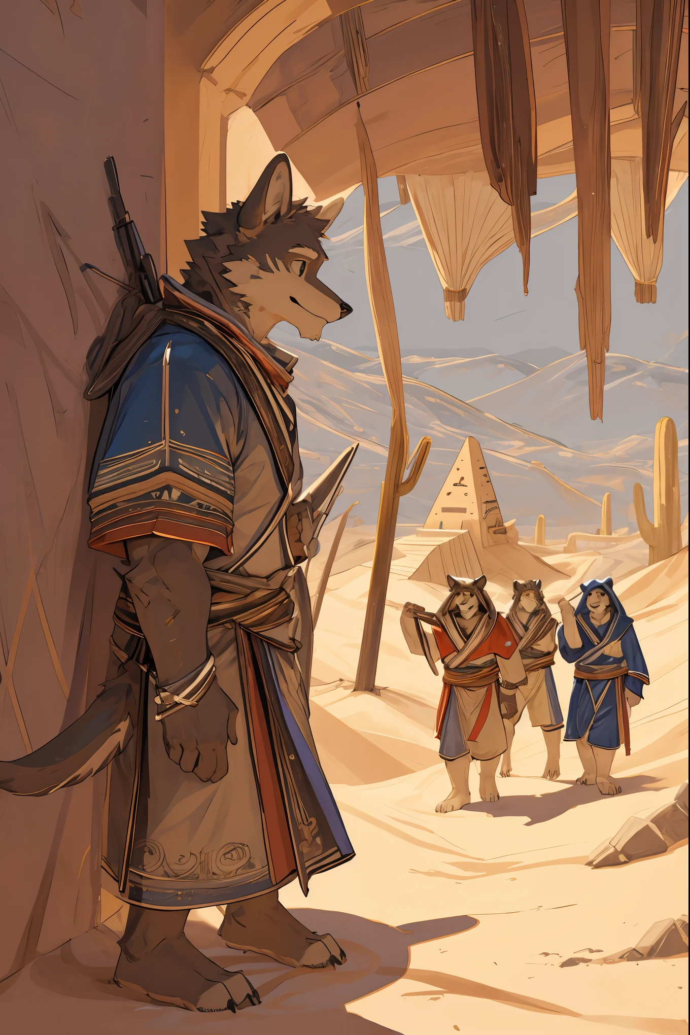 High-quality illustrations, masterpiece, absurdres, super high resolution, detailed background, desert, sand dunes, pyramid, Traditional costumes, Happy, joyful, Relux(Travel photos)perfect ???????(kemono, furry anthro, National clothing)cinematic lighting, beautiful shadow, dynamic angle,