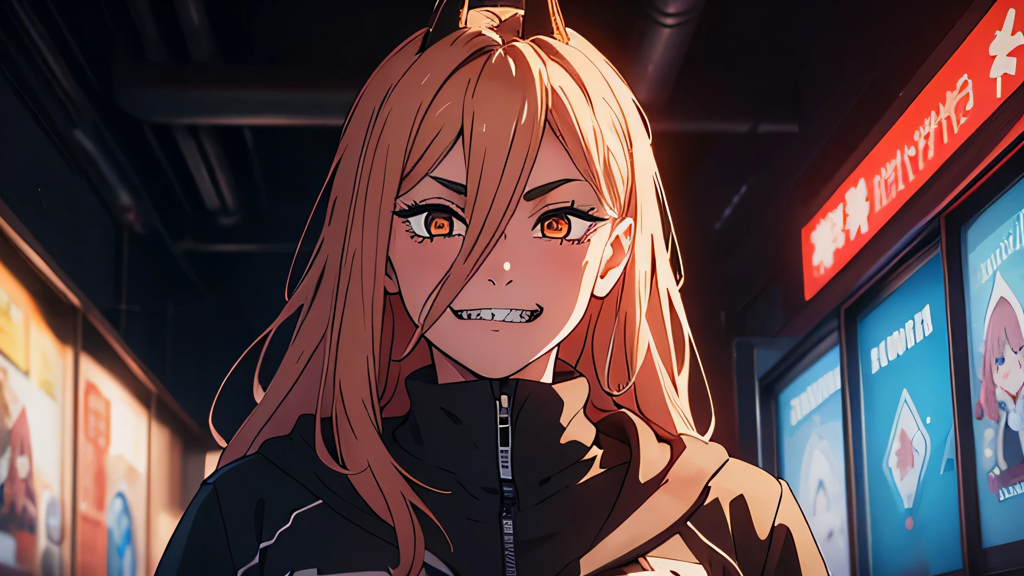 tmasterpiece, (Sharp teeth:1.1),(Ultra detailed backgrounds, highly detailed, finely detailled), Best quality at best, strength, 1girll, banya, solo, teeth, Mischievous,A sweat smile,dentes pontiagudos, cross-shaped pupils, long whitr hair, Yellow eyes, ((blond hairbl, little breast)), Red horn, jaket, (complex detailed background), (((cross-shaped pupils, pupils in symbol shapes)))her background is Tunnel with neon light