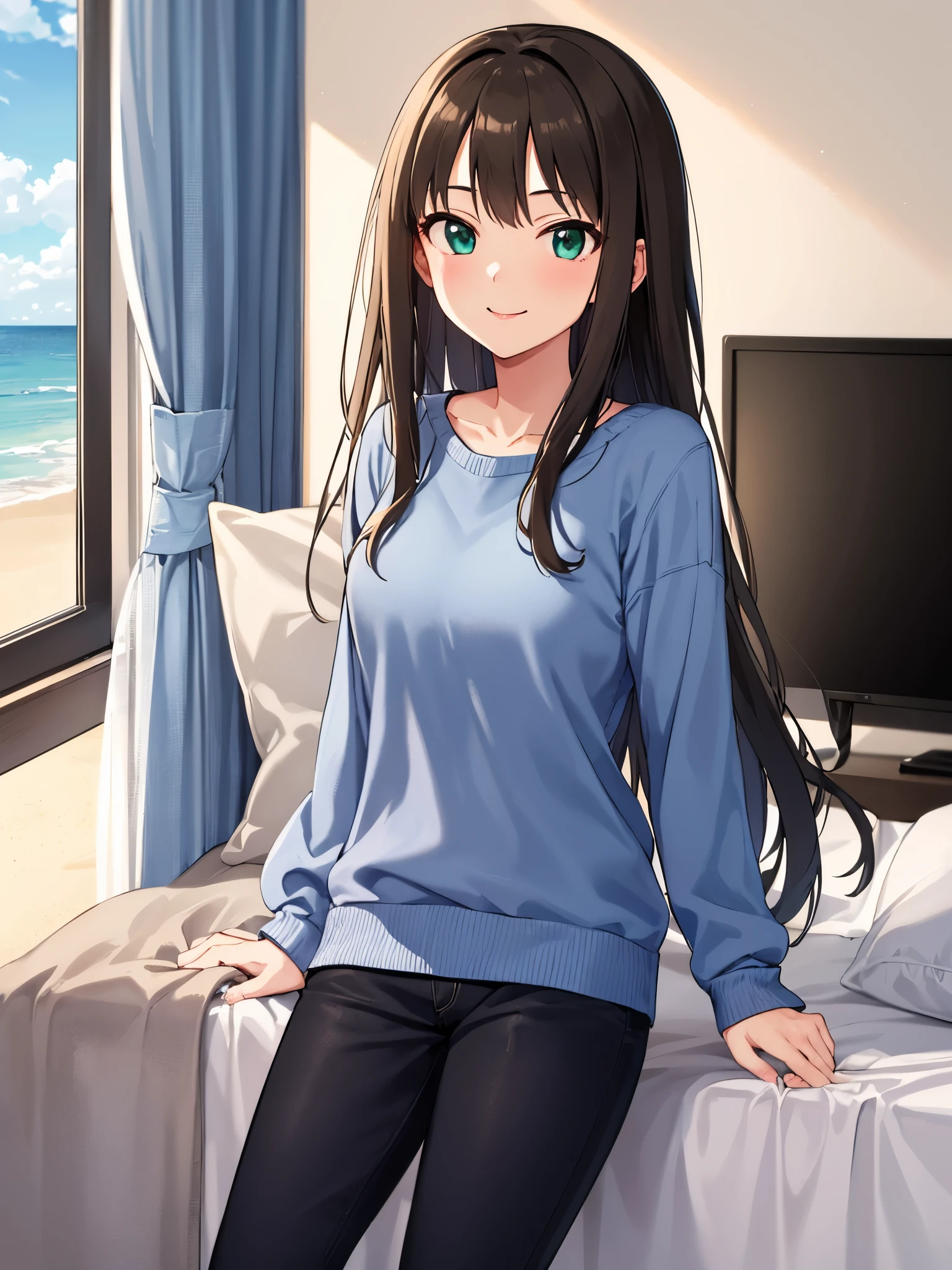 Rin Shibuya、1 girl, mature woman, green eyes、black long hair、casual clothes、blue sweater、long pants、smile gently、bow, highest quality, hire, detailed face, along the coast、 home bedroom、 detailed background, Depth of written boundary, Bokeh