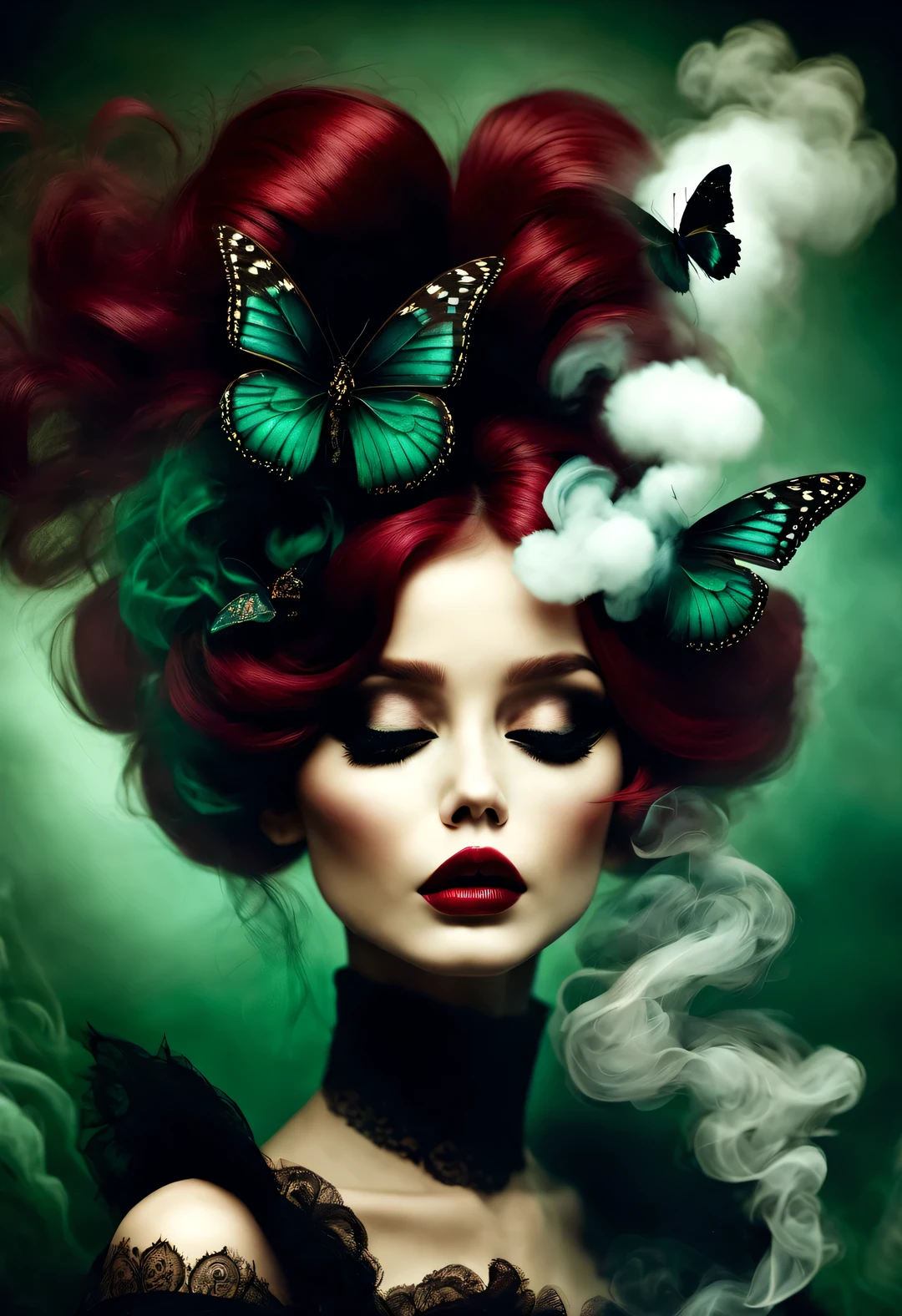 gothic dark art,Dream,(There is only one photo of a beautiful model with a ),Smoke is floating on the face,dark red hair,dark green,rococo style,Black butterfly,Muppets