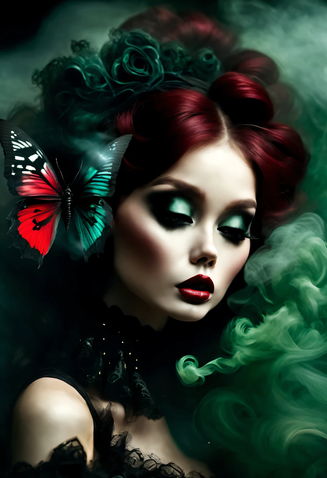 gothic dark art,Dream,(There is only one photo of a beautiful model with a baby face),Smoke is floating on the face,dark red hair,dark green,rococo style,Black butterfly,Muppets
