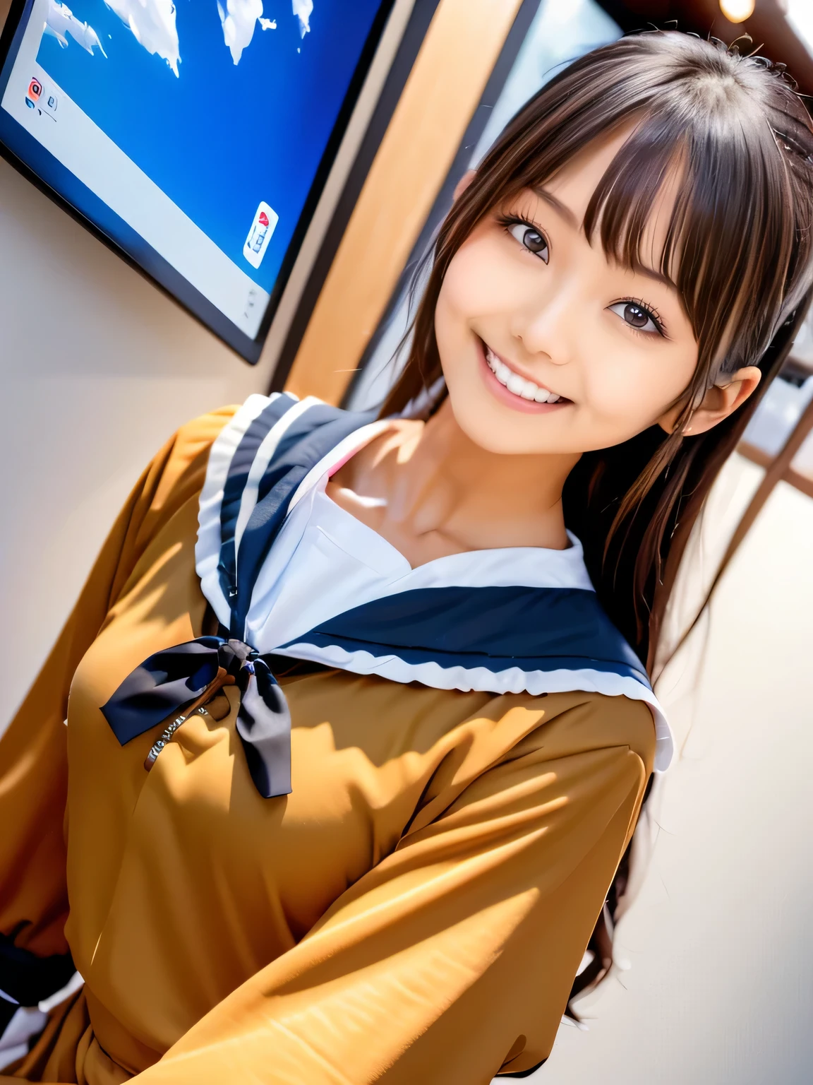 There is a woman wearing a brown sailor suit taking a photo.., 8K selfie photo, sakimichan, Chiho, Chen Xintong, Nam Jae Young, deayami kojima, 8k)), Wenfei Ye, Choi Hong Hwa, Lou Zhi, Yunlin, bangs, lips、out makeup、short eyelashes、looking at the viewer、lazy smile、realistic、High resolution、debris flies, highest quality, 8k, Beautiful woman、In detail