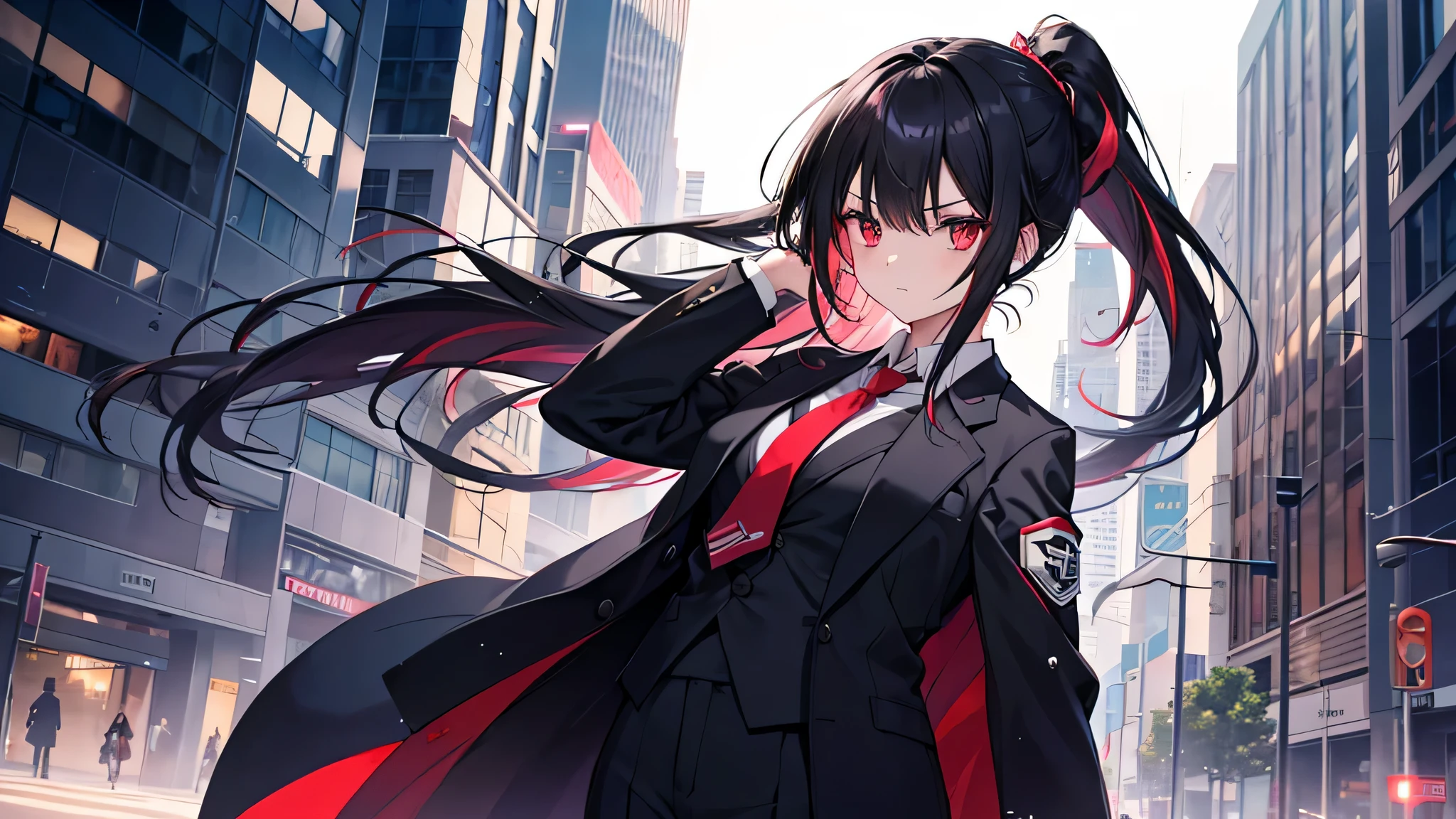 r~toing:safe, 1 woman, alone, Black color_hair, long_hair, ponytail, looking for_~to_viewer, forehead, multicolored_hair, Eyebrow_visible_~Through_hair, red eyes, suit, tie, shirt, Co~to, pants, vest, dress code, petticoat, Modern suit, Business ~totire, office uniform,