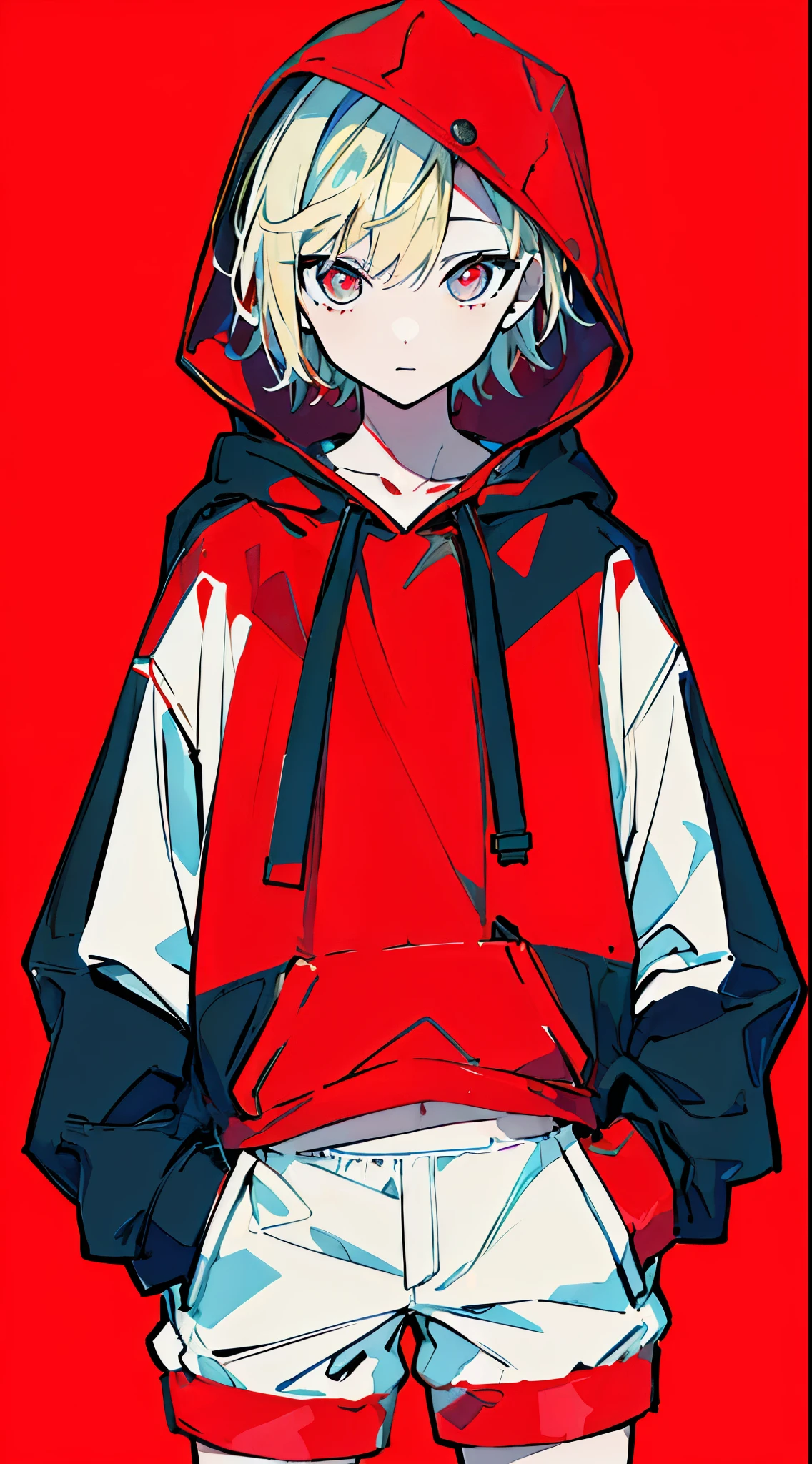 (masterpiece, highest quality:1.6), alone, thick outline, (simple background, bright red background, bright red theme:1.2), official art, Key Visual, 8K, disorganized, whole body, (unique hair, oversized hoodie, hot pants, wearing a hood, arch back, short torso:1.2), belly button, thighs, cowboy shot, HDR, sharp focus, High resolution, most detailed, very detailed, Super detailed, finely, detailed eyes and face, sharp pupils, realistic student, solo, White and red contrast, hands in pockets
