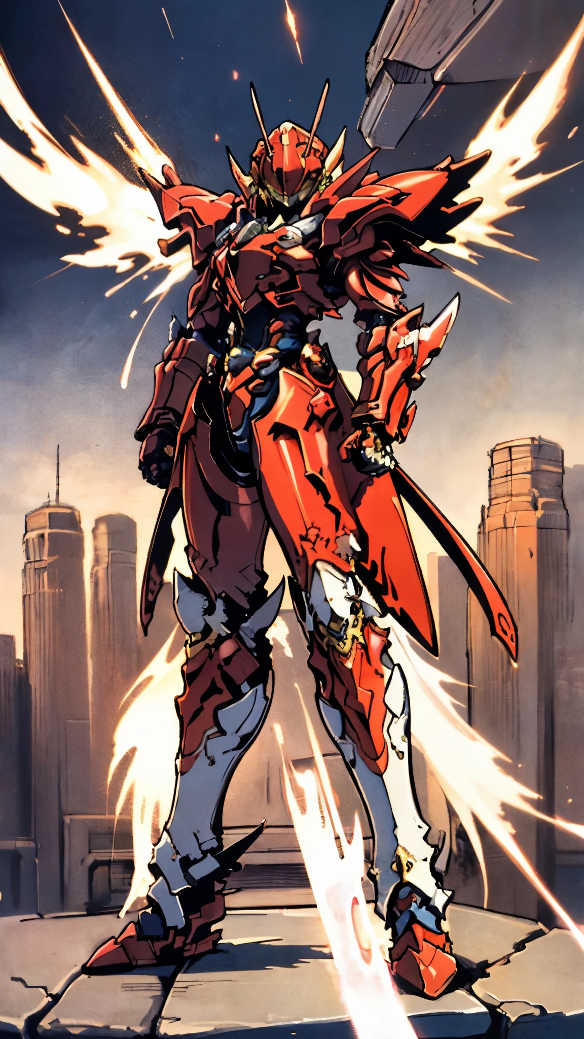 A woman adorned in fantasy-style full-body armor, a crown-concept fully enclosed helmet that unveils only her eyes, a composite layered chest plate, fully encompassing shoulder and hand guards, a lightweight waist armor, form-fitting shin guards, the overall design is heavy-duty yet flexible, ((the armor gleams with a golden glow, complemented by red and blue accents)), exhibiting a noble aura, she floats above a fantasy-surreal high-tech city, this character embodies a finely crafted fantasy-surreal style armored hero in anime style, exquisite and mature manga art style, (Queen bee mixed with Spider concept Armor, plasma, blood), ((Element, energy, elegant, goddess, femminine:1.5)), metallic, high definition, best quality, highres, ultra-detailed, ultra-fine painting, extremely delicate, professional, anatomically correct, symmetrical face, extremely detailed eyes and face, high quality eyes, creativity, RAW photo, UHD, 32k, Natural light, cinematic lighting, masterpiece-anatomy-perfect, masterpiece:1.5