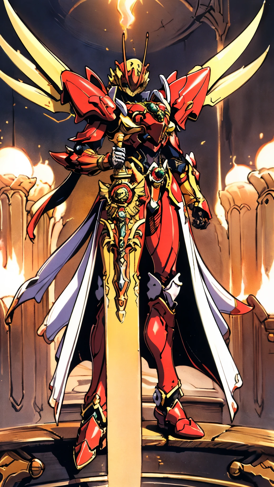 A woman adorned in fantasy-style full-body armor, a crown-concept fully enclosed helmet that unveils only her eyes, a composite layered chest plate, fully encompassing shoulder and hand guards, a lightweight waist armor, form-fitting shin guards, the overall design is heavy-duty yet flexible, ((the armor gleams with a golden glow, complemented by red and blue accents)), exhibiting a noble aura, she floats above a fantasy-surreal high-tech city, this character embodies a finely crafted fantasy-surreal style armored hero in anime style, exquisite and mature manga art style, (Queen bee mixed with Spider concept Armor, plasma, blood), ((Element, energy, elegant, goddess, femminine:1.5)), metallic, high definition, best quality, highres, ultra-detailed, ultra-fine painting, extremely delicate, professional, anatomically correct, symmetrical face, extremely detailed eyes and face, high quality eyes, creativity, RAW photo, UHD, 32k, Natural light, cinematic lighting, masterpiece-anatomy-perfect, masterpiece:1.5