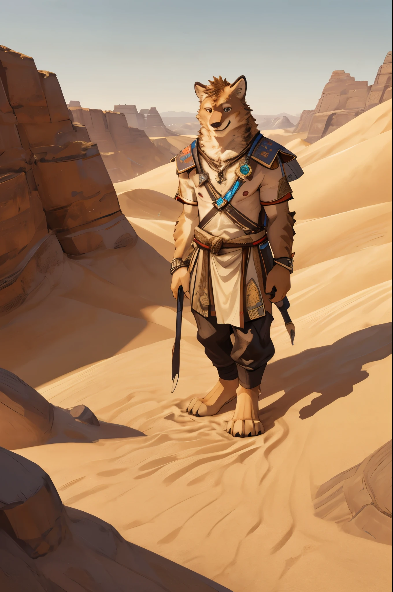 High-quality illustrations, masterpiece, absurdres, super high resolution, detailed background, desert, sand dunes, pyramid, Traditional costumes, Happy, joyful, Relux(Travel photos)perfect anatomy(kemono, furry anthro, National clothing)cinematic lighting, beautiful shadow, dynamic angle,