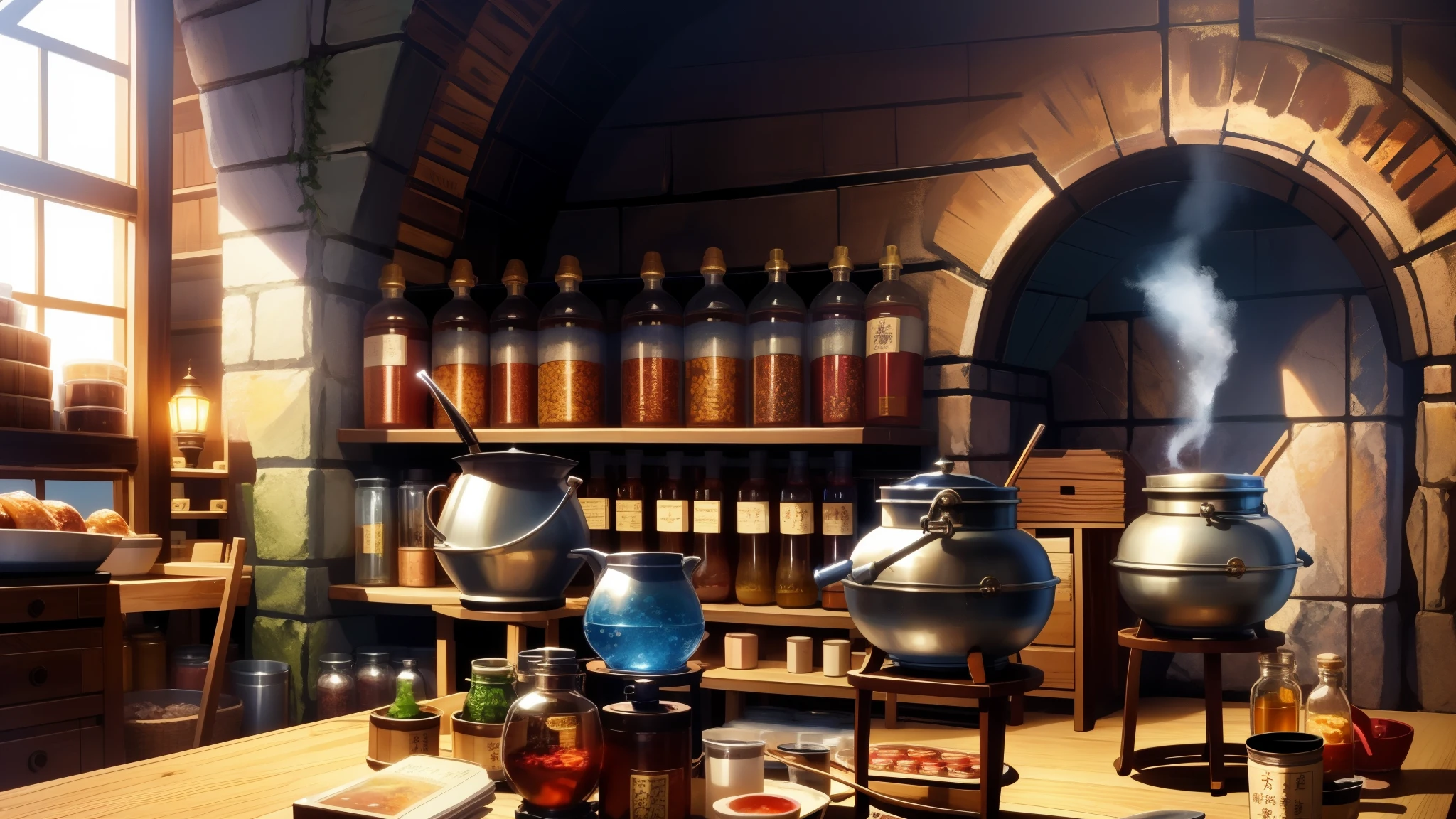 full panoramic view of interior of a medieval apothecary used to brew potions, wooden interior lit by candlelight, unpolished wooden floorboards, window and door on the left, wooden counter-top with shelves behind the counter-top on the right, lots of bottles on the shelves, bottles contain various color liquids, liquids glow in the bottles, realistic, 3d render, masterpiece, high resolution, bokeh blur, ((15th century)), night time, hyper realistic, photorealistic, fireplace
