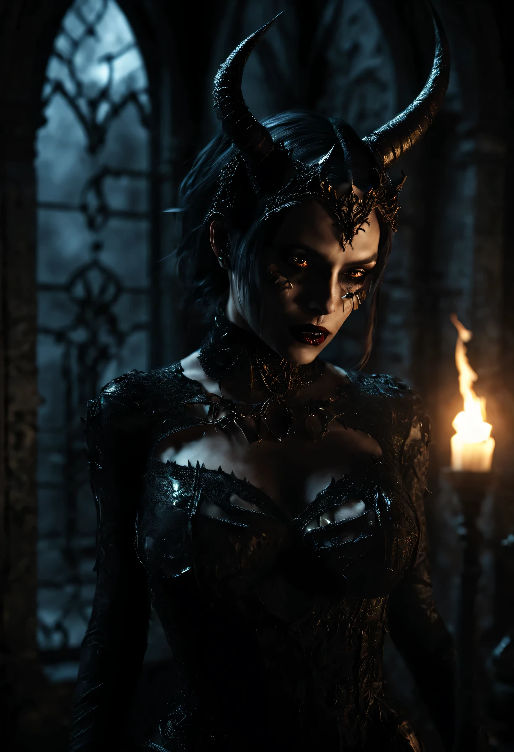 3d, 3dcg, In the shadows of a gothic aesthetic, broken cathedral, Portrait of an Evil succubus, intimately lit moment, asymmetrical reflections mirror, the darkness contrasting with her intricately detailed, sinister outfits, dark volumetric lightning 