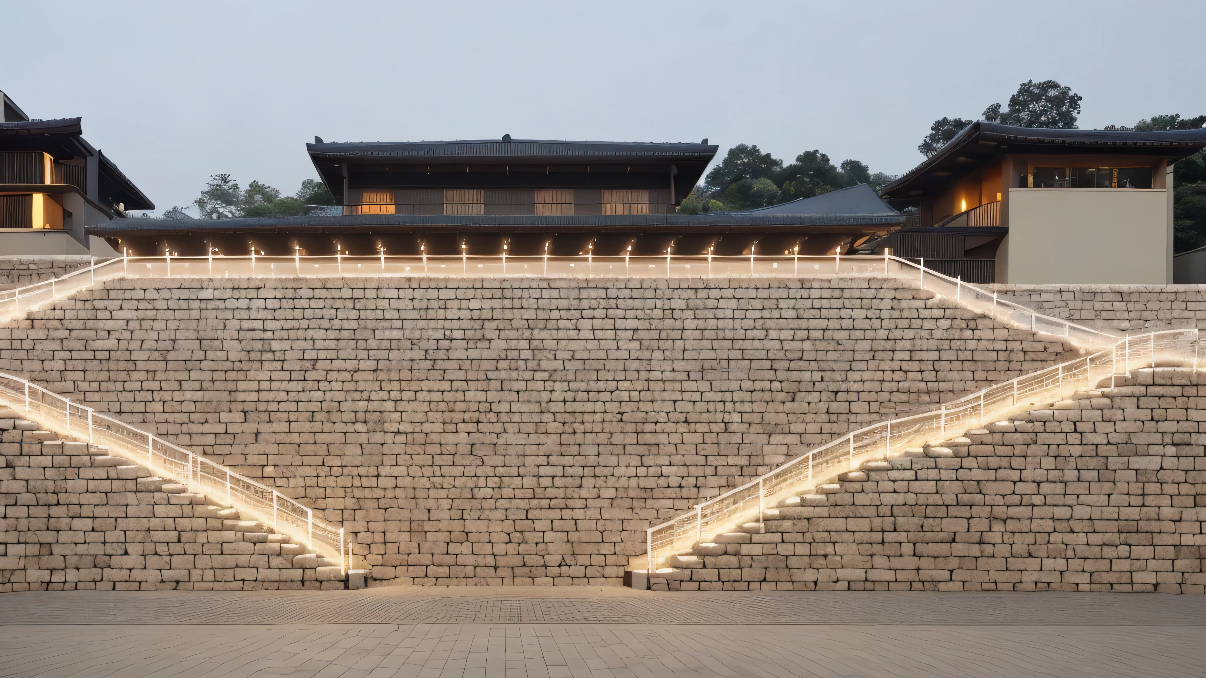 night view，Set up an open-air stage in front of a stone wall，