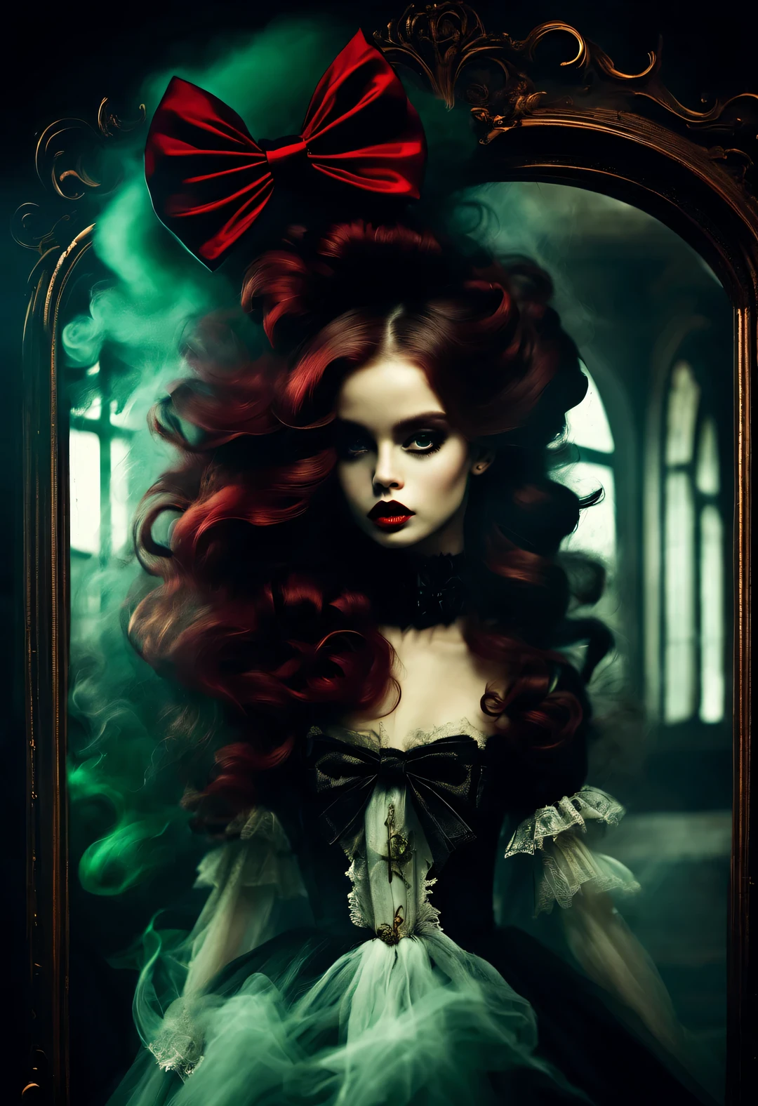 gothic dark art,Dream,(There is only one photo of a beautiful model with a baby face),Dark red extra long curly hair,floating smoke,dark green,rococo style,Big black bow,partial reflection in mirror