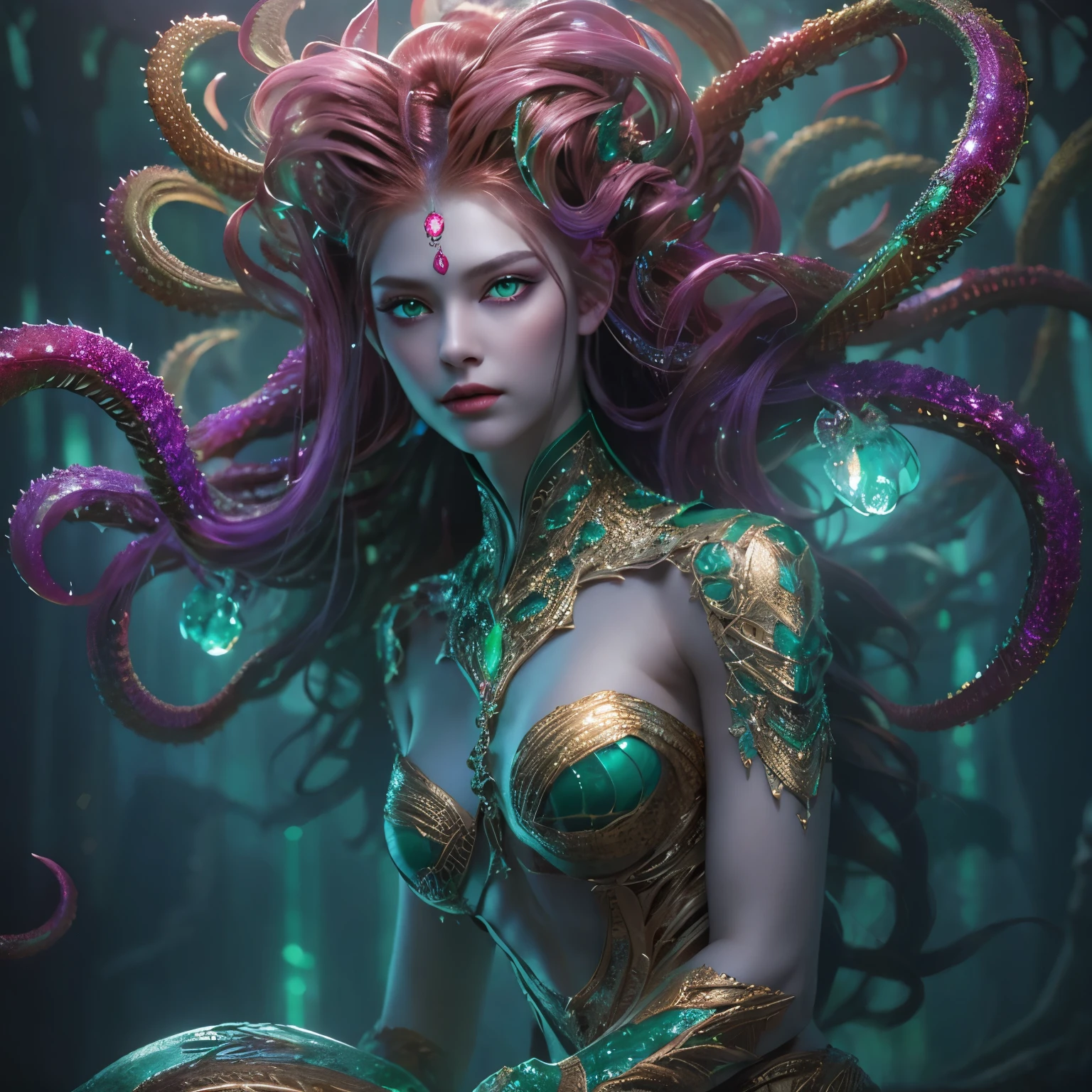 (1 female medusa-like mutant: 1.2), With a beautiful, enchanting face, this alien seduces us with her allure. Her captivating red eyes gleam brightly, reminiscent of burning embers. Her full body is unlike any human's, boasting a sexy, otherworldly form. No humans are present in this scene as she stands alone, her cells fused in a unique and intriguing extraterrestrial way.
(extraordinary beautiful nude photo:1.4), (glowing emerald eyes:1.5), (sexy and glamorous:1.1), (coquettish expression:1.2), toned lean body, (muscular:1.2), (beautiful abs:1.5), beautiful nipples, She has lots of iridescent translucent tentacles instead of her hair, pale skin, (white skin with prominent veins:1.3),
Lots of iridescent translucent tentacles adorn her body, shimmering under the dramatic lighting. Her pale skin, with a hint of translucency, adds to her ethereal allure. This masterpiece, rendered in, (There is a female genital-like organ in the middle of the forehead:1.6),