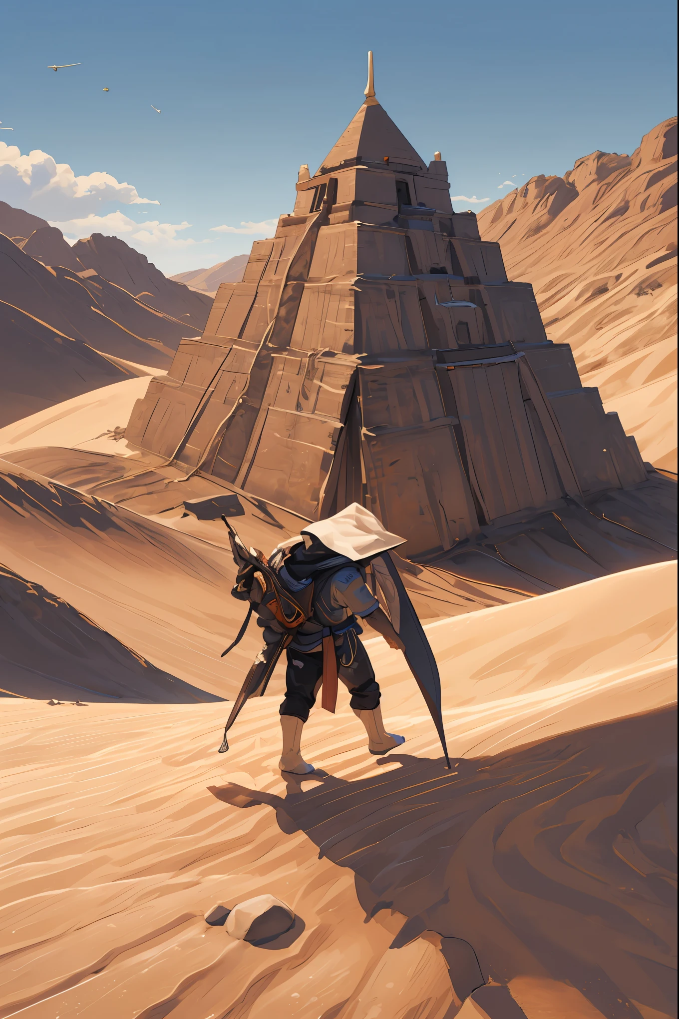High-quality illustrations, masterpiece, absurdres, super high resolution, detailed background, desert, sand dunes, pyramid, Traditional costumes, Happy, joyful, Relux(Travel photos)perfect anatomy(kemono, furry anthro, National clothing)cinematic lighting, beautiful shadow, dynamic angle,