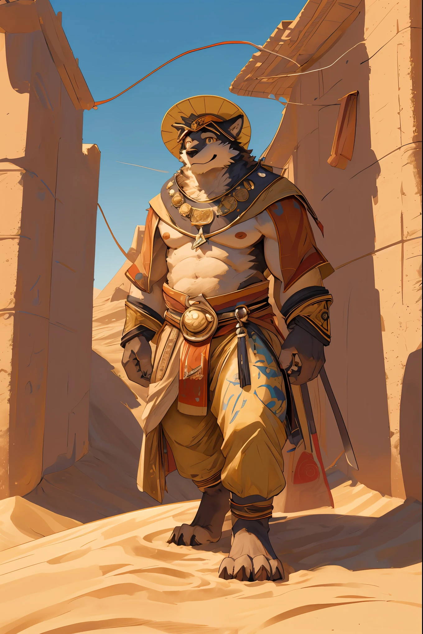 High-quality illustrations, masterpiece, absurdres, super high resolution, detailed background, desert, sand dunes, pyramid, Traditional costumes, Happy, joyful, Relux(Travel photos)perfect anatomy(kemono, furry anthro, National clothing)cinematic lighting, beautiful shadow, dynamic angle,