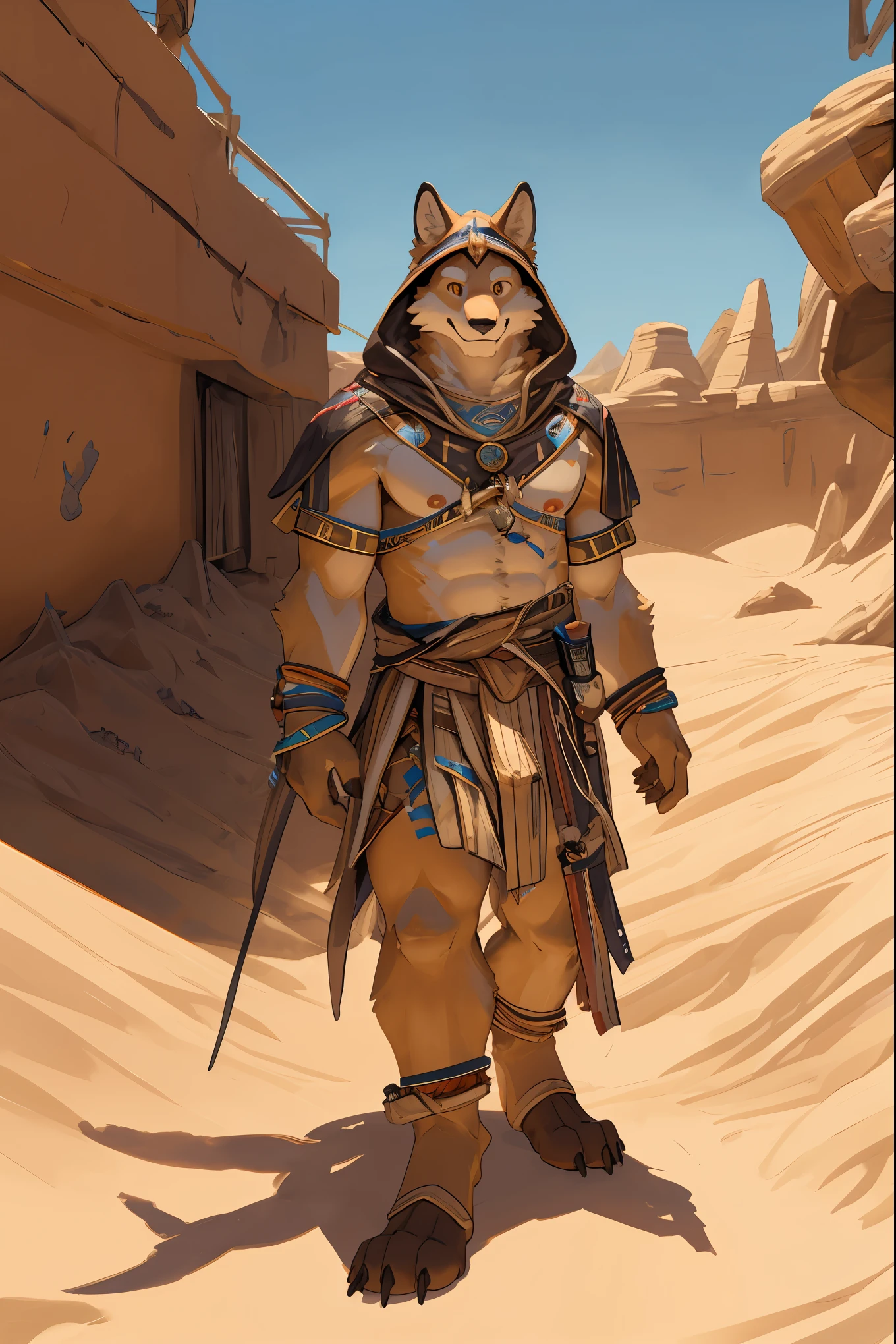 High-quality illustrations, masterpiece, absurdres, super high resolution, detailed background, desert, sand dunes, pyramid, Traditional costumes, Happy, joyful, Relux(Travel photos)perfect anatomy(kemono, furry anthro, National clothing)cinematic lighting, beautiful shadow, dynamic angle,