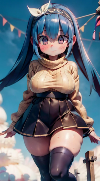 Nsfw:1.3, ((((kipteitei art)))), ((highreasterpiece, high quality, best quality, beautiful, perfect lighting, detailed face, ultra cute face, ((1girl)), ((solo), ((((Ruka)))), ((blue hairband)), nervous look, cute, shy, embarrassed, happy, smile, sweating, out of breath, weight conscience blush, ((tan sweater)), (tight clothes)), skinny thick,((undersized skirt)), thigh highs, mini skirt, outside, walking though suburb, medium breasts, perky breasts, thicc, fat ass, (((wide hips))), ((((thick thighs)))), pudgy belly, tummy bulge,