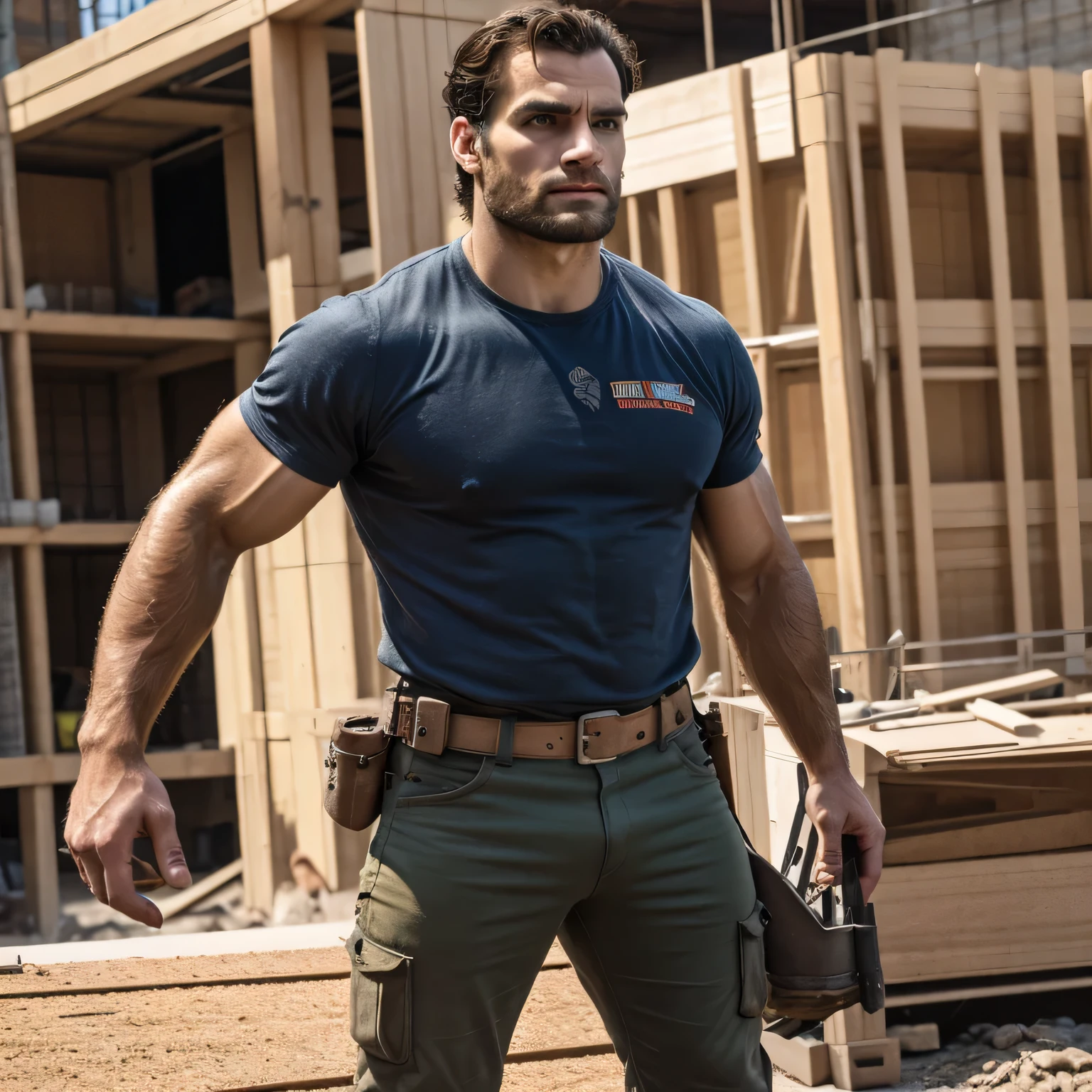 Qualidade de imagem ultra-alta, realistic and strong male characteristics, um homem inspirado em Henry Cavill como Wolverine, um homem bonito, Um grupo masculino trabalhador e massivo. Construction materials and equipment as the focus of the content, fundo do canteiro de obras., extremely hot and sexy perfect abdomen, full body view (vista frontal), luz difusa, location: Construction materials and equipment as the focus of the content, fundo do canteiro de obras., foto colorida, (pele