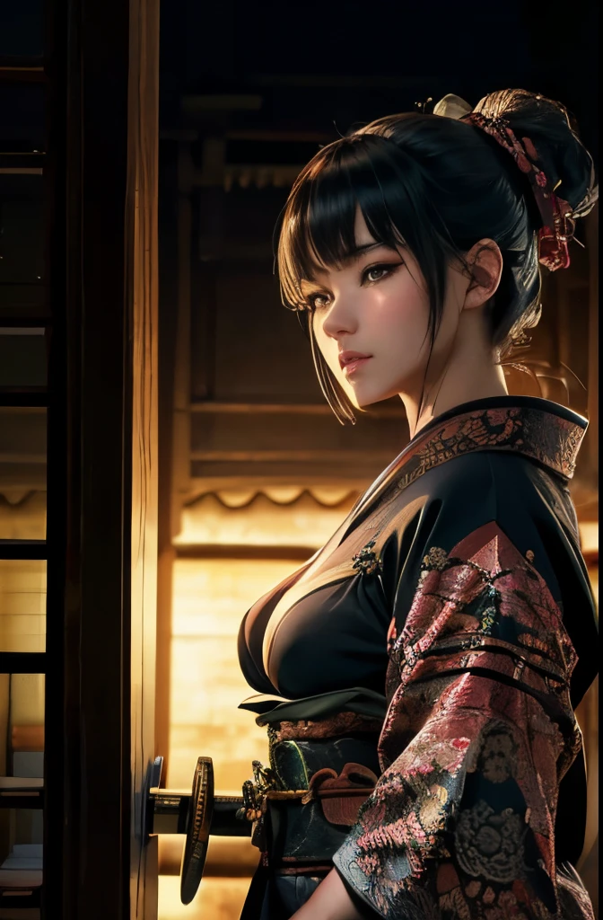 young woman, medieval samurai, armored kimono, wielding a katana, small breasts,, highly detailed, vibrant appearance, creative behavior, extremly detailed, imaginative, sensual, spontaneous, highest quality, skin texture, intricate details, (cinematic lighting), RAW photo, 8k, masterpiece,best quality,ultra-detailed,very detailed illustrations,extremely detailed,intricate details,highres,super complex details,extremely detailed 8k cg wallpaper,